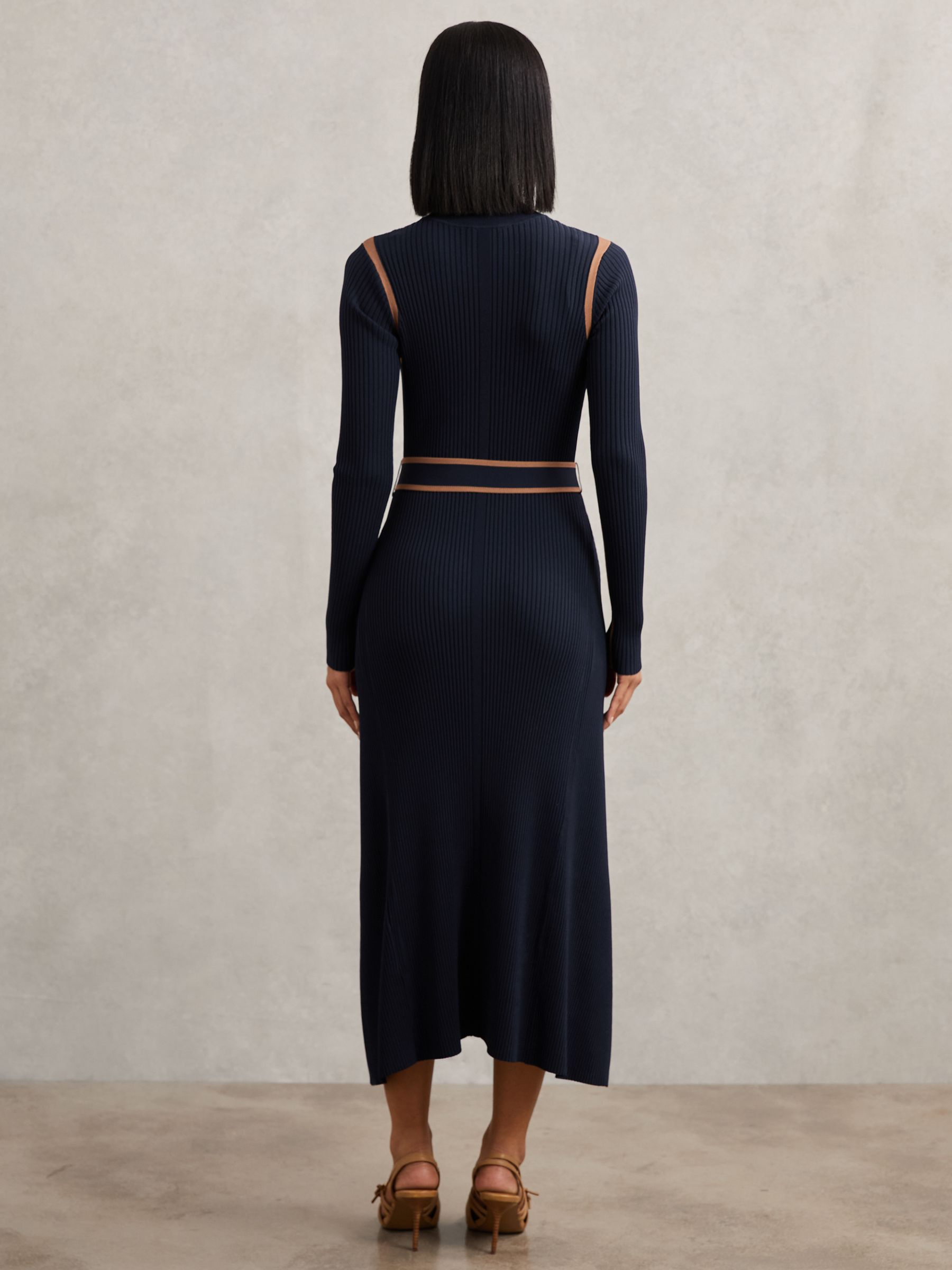 Colourblock Rib-Knit Midi Dress in Navy/Camel