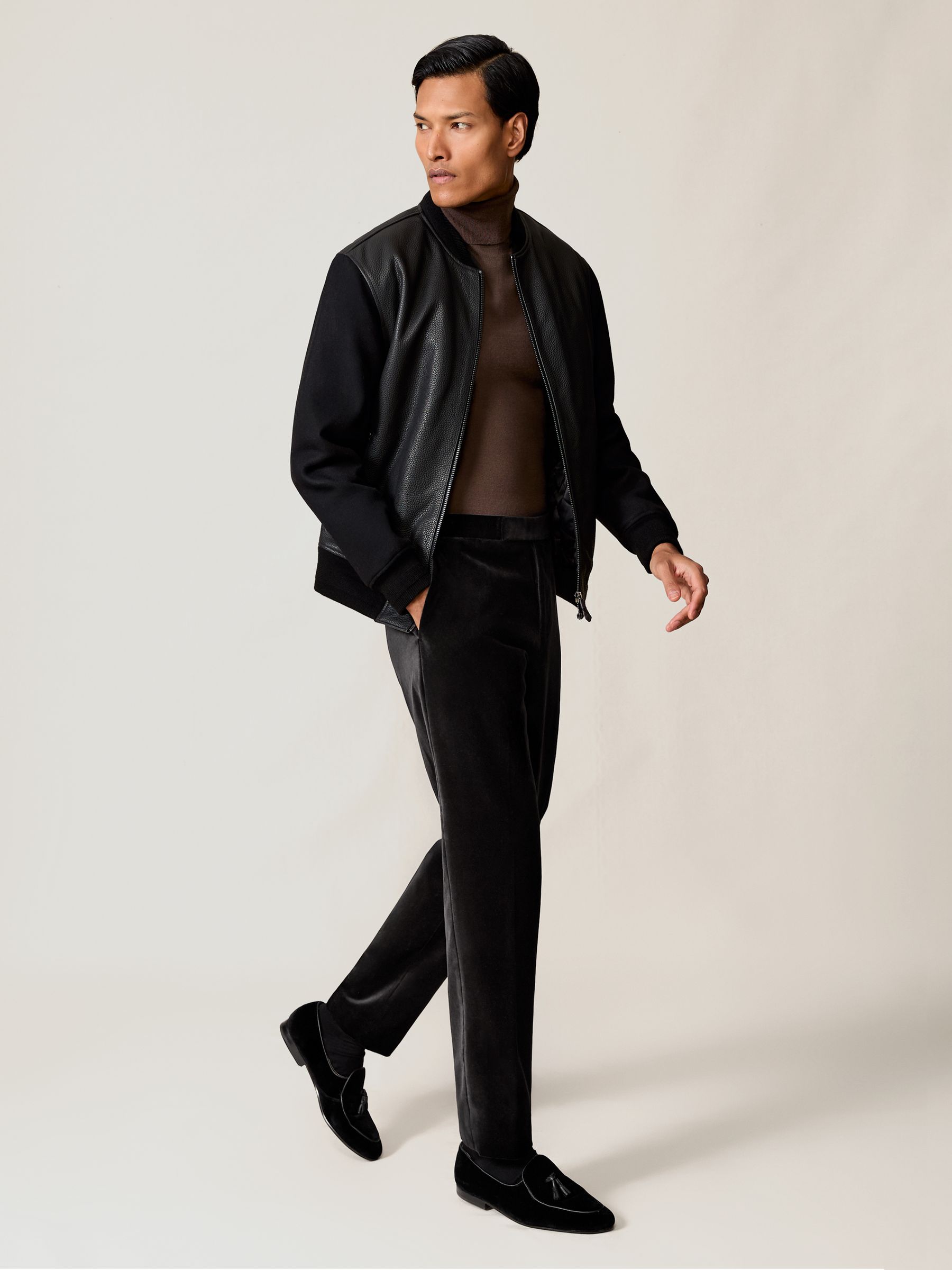 Velvet Slim-Fit Suit Trousers in Black