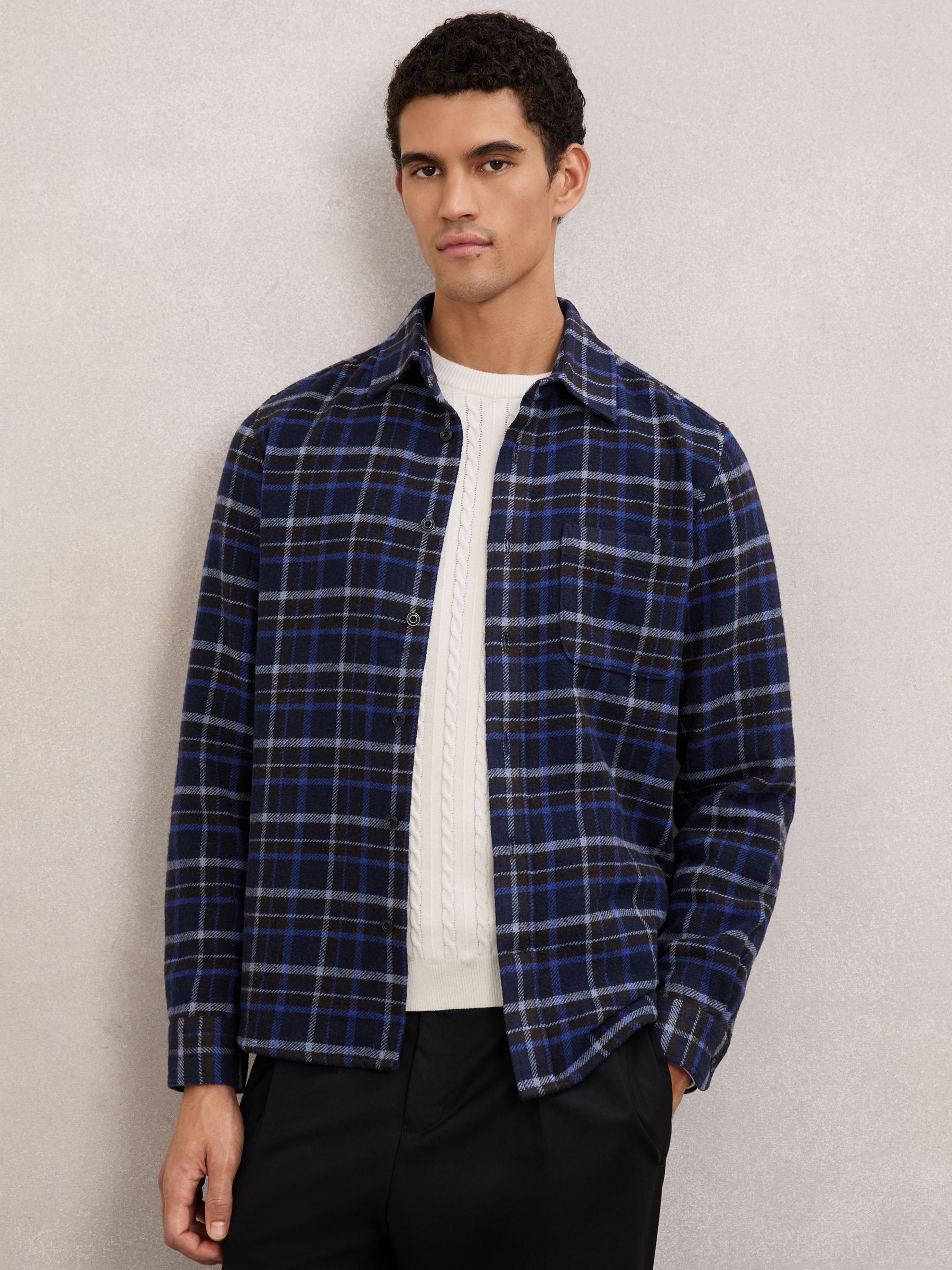 Check Button-Through Overshirt with Wool in Navy