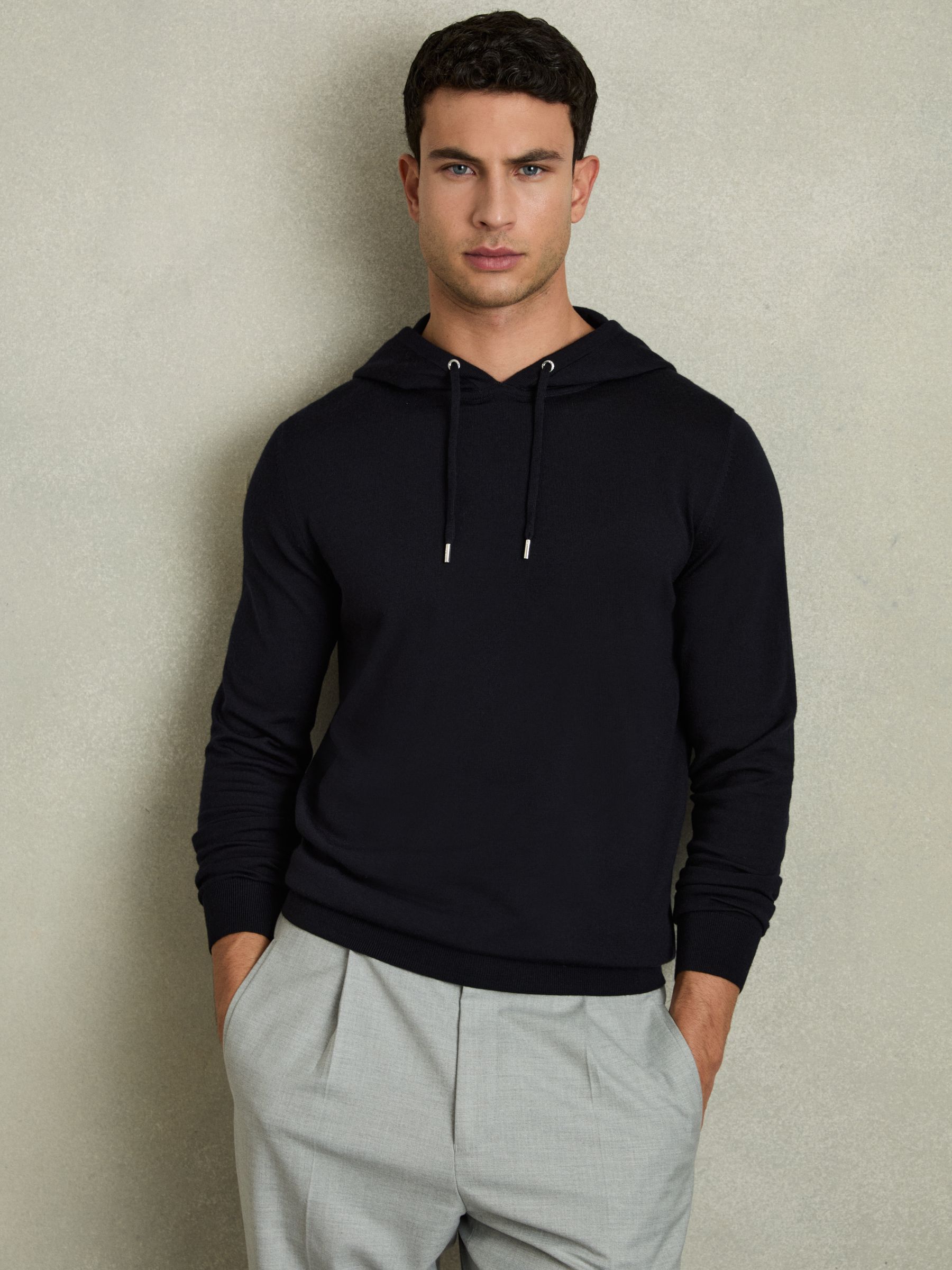 Merino Wool Drawstring Hoodie in Midnight Navy