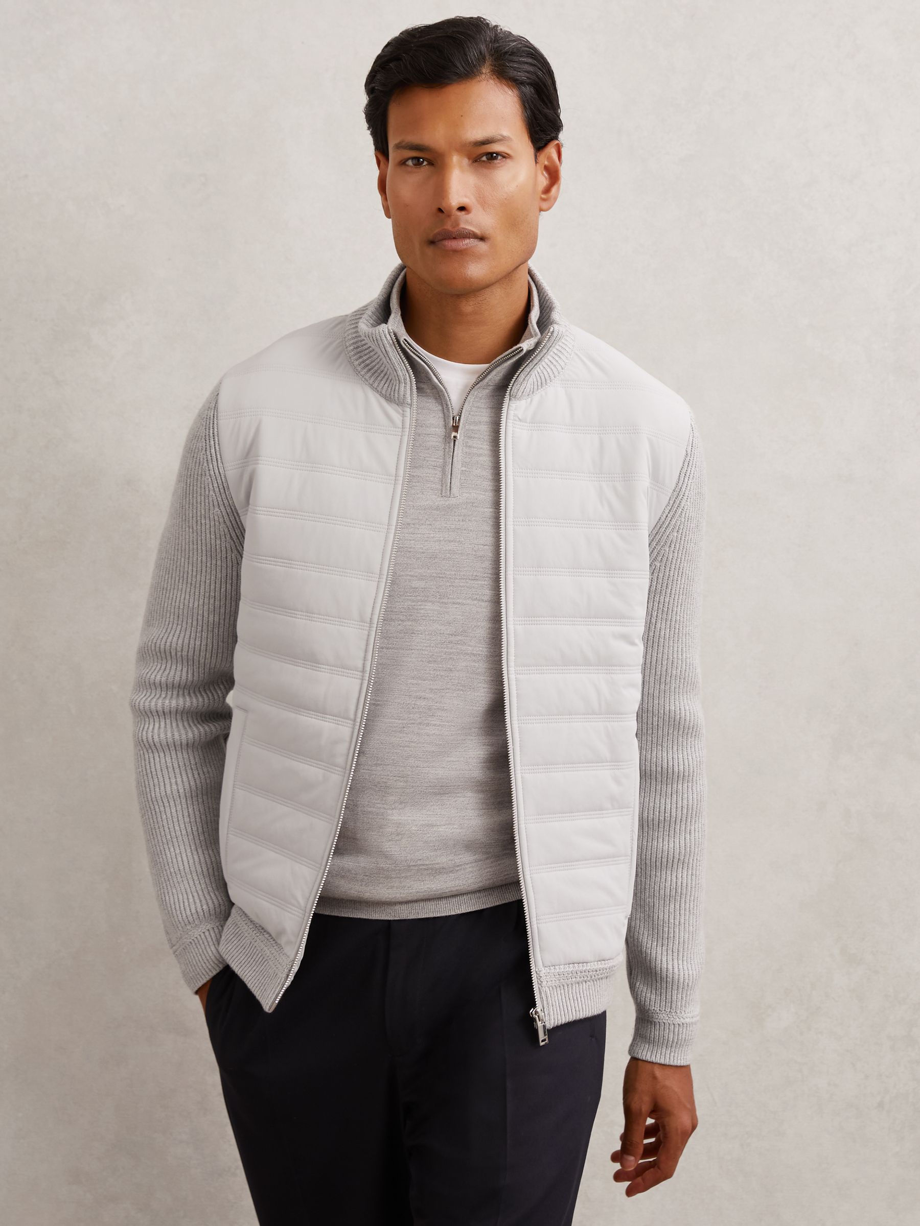 Quilted Rib-Knit Funnel-Neck Jacket in Soft Grey
