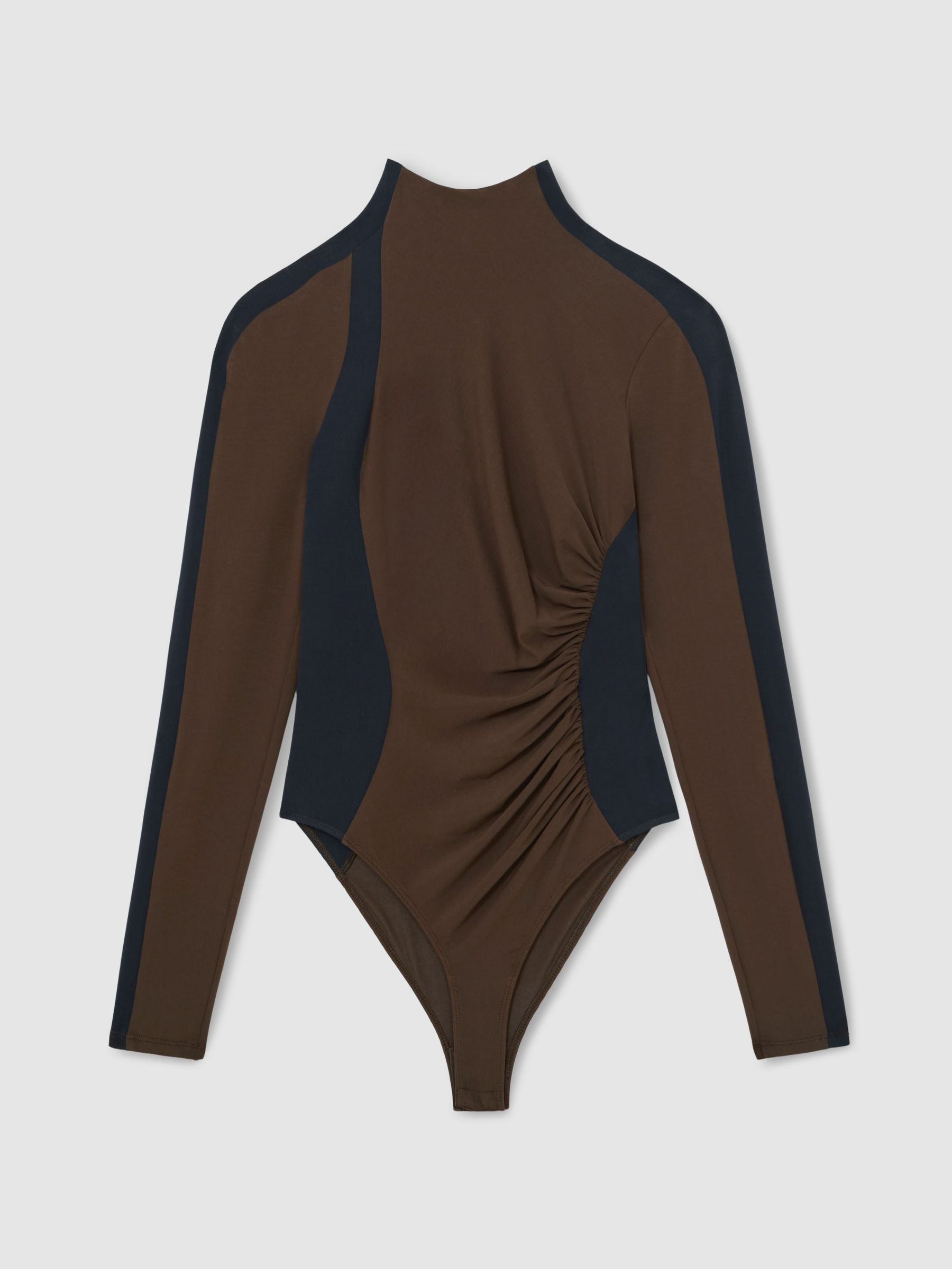 Stretch-Lyocell Panel Ruched Bodysuit in Navy/Camel