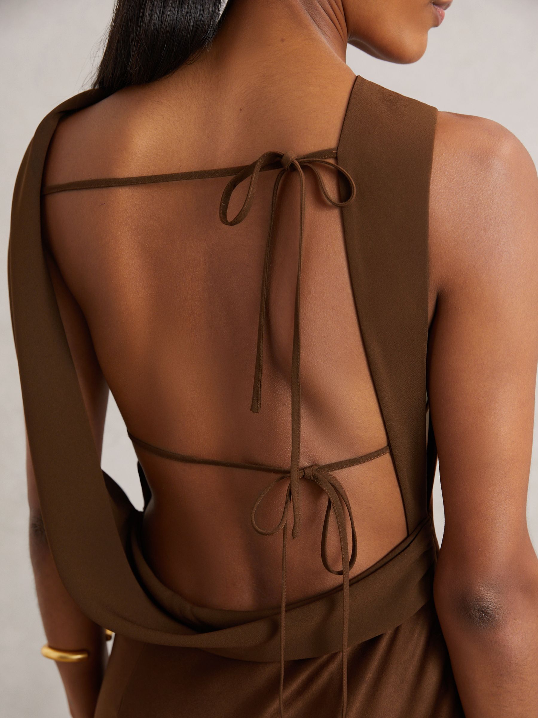 Satin Draped Open-Back Dress in Bronze