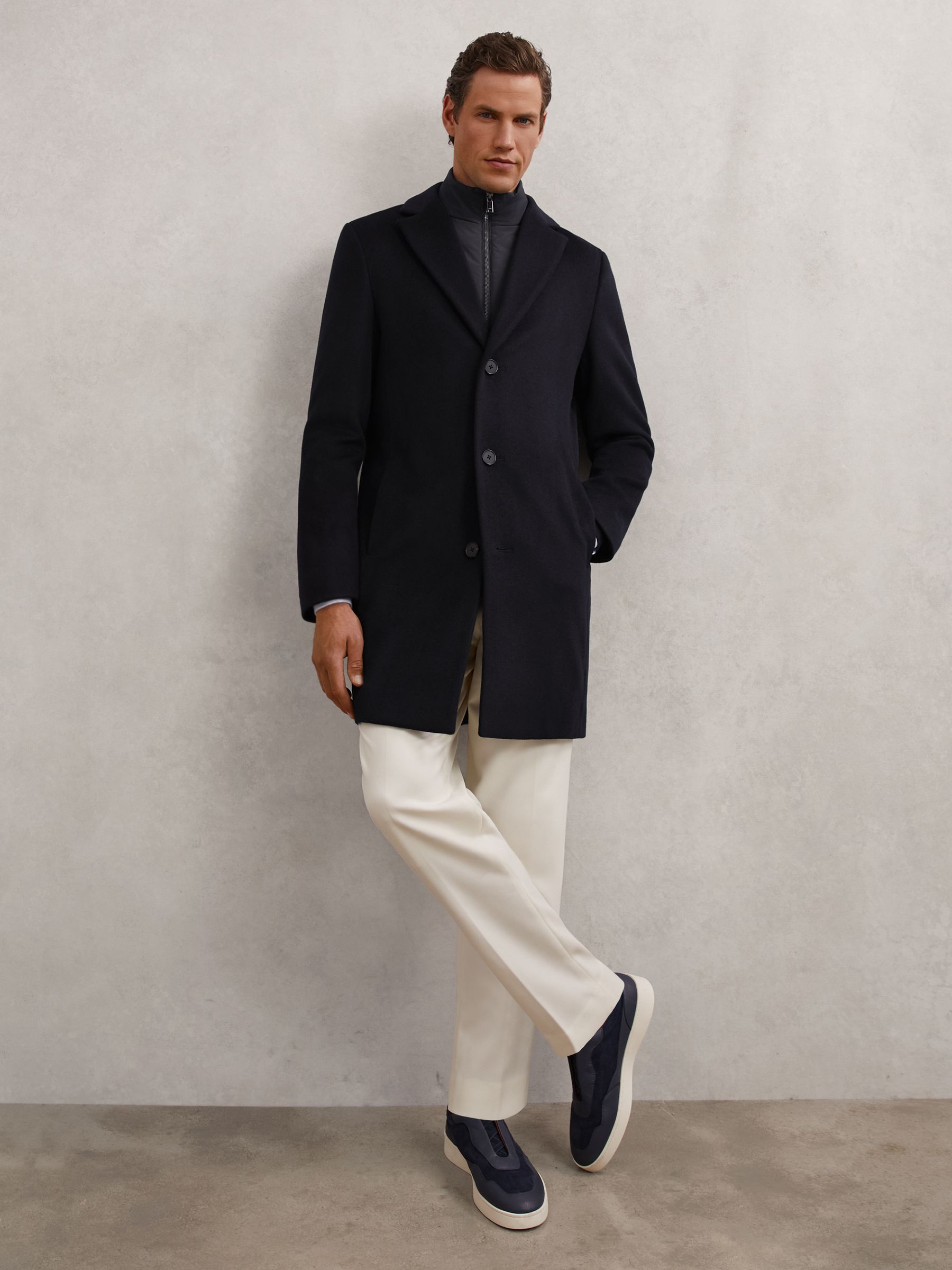Wool-Blend Internal-Gilet Overcoat in Navy