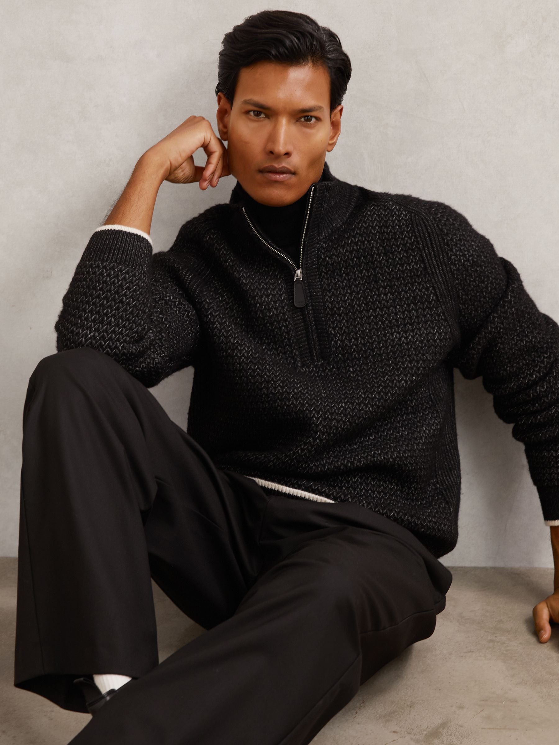 Half-Zip Chevron-Knit Jumper with Wool in Winter White