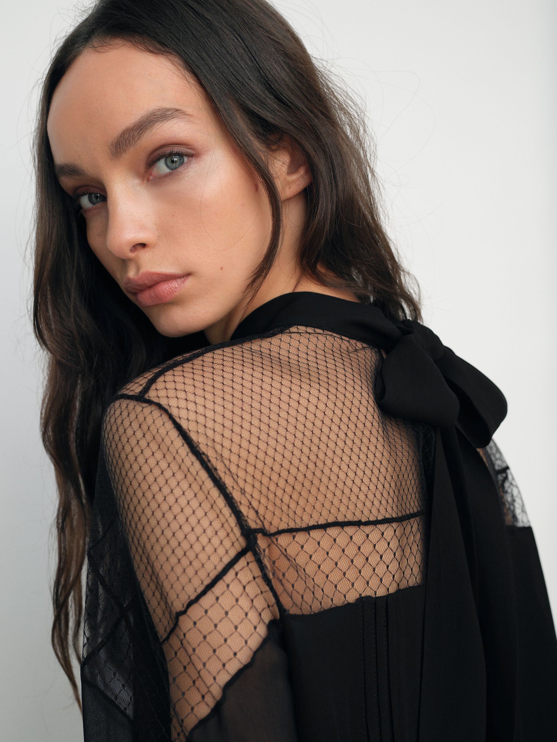 Lace-Insert Tie-Back Blouse in Black