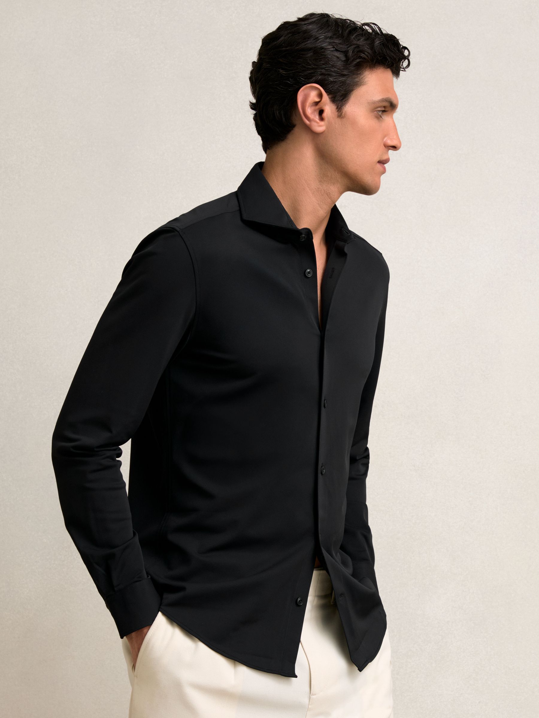 Stretch Jersey Cutaway-Collar Shirt in Black