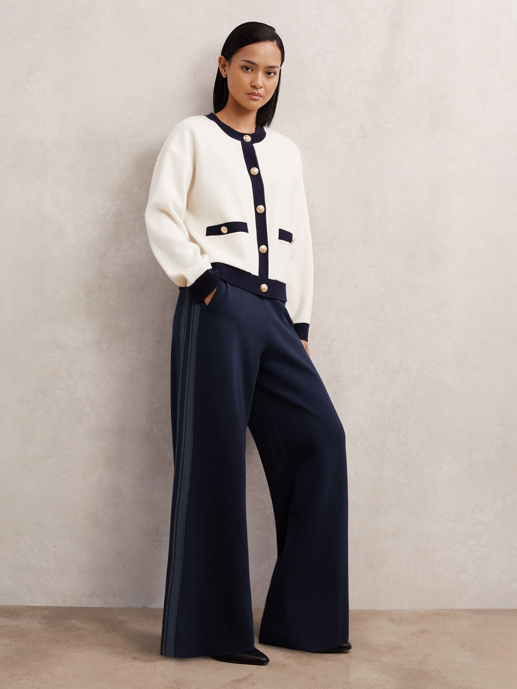 Knitted Side-Stripe Wide-Leg Trousers in Navy
