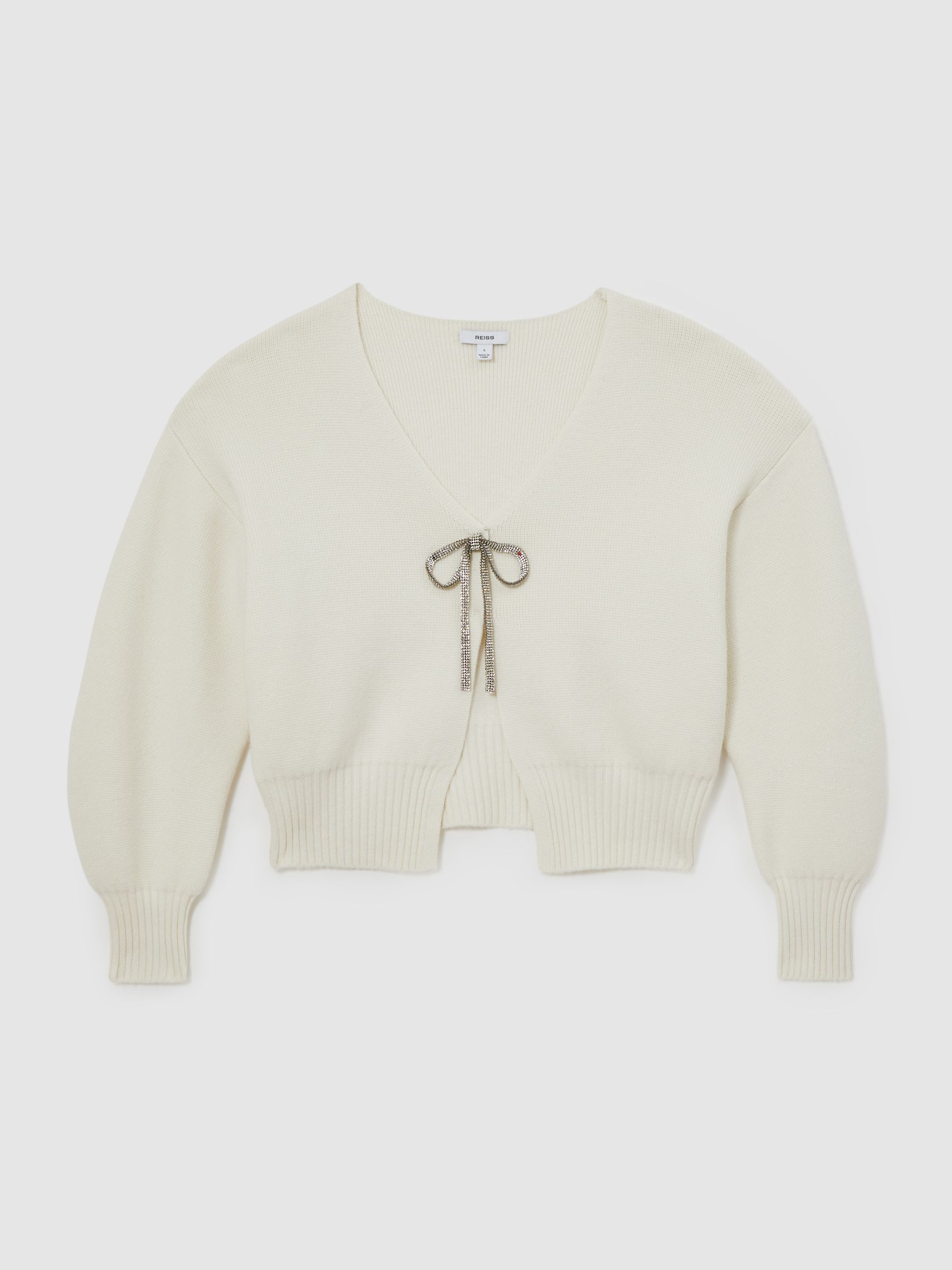 Wool-Blend Crystal-Bow Cardigan With Cashmere in Cream