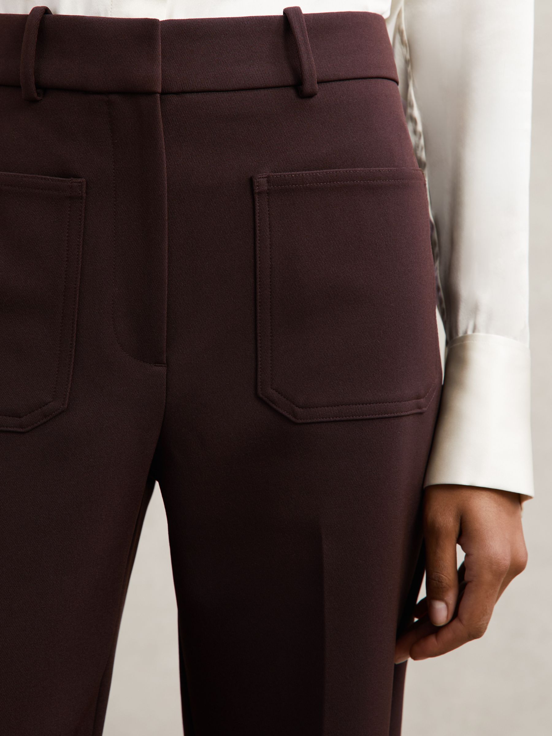 Petite Twill Patch-Pocket Flared Trousers in Chocolate Brown
