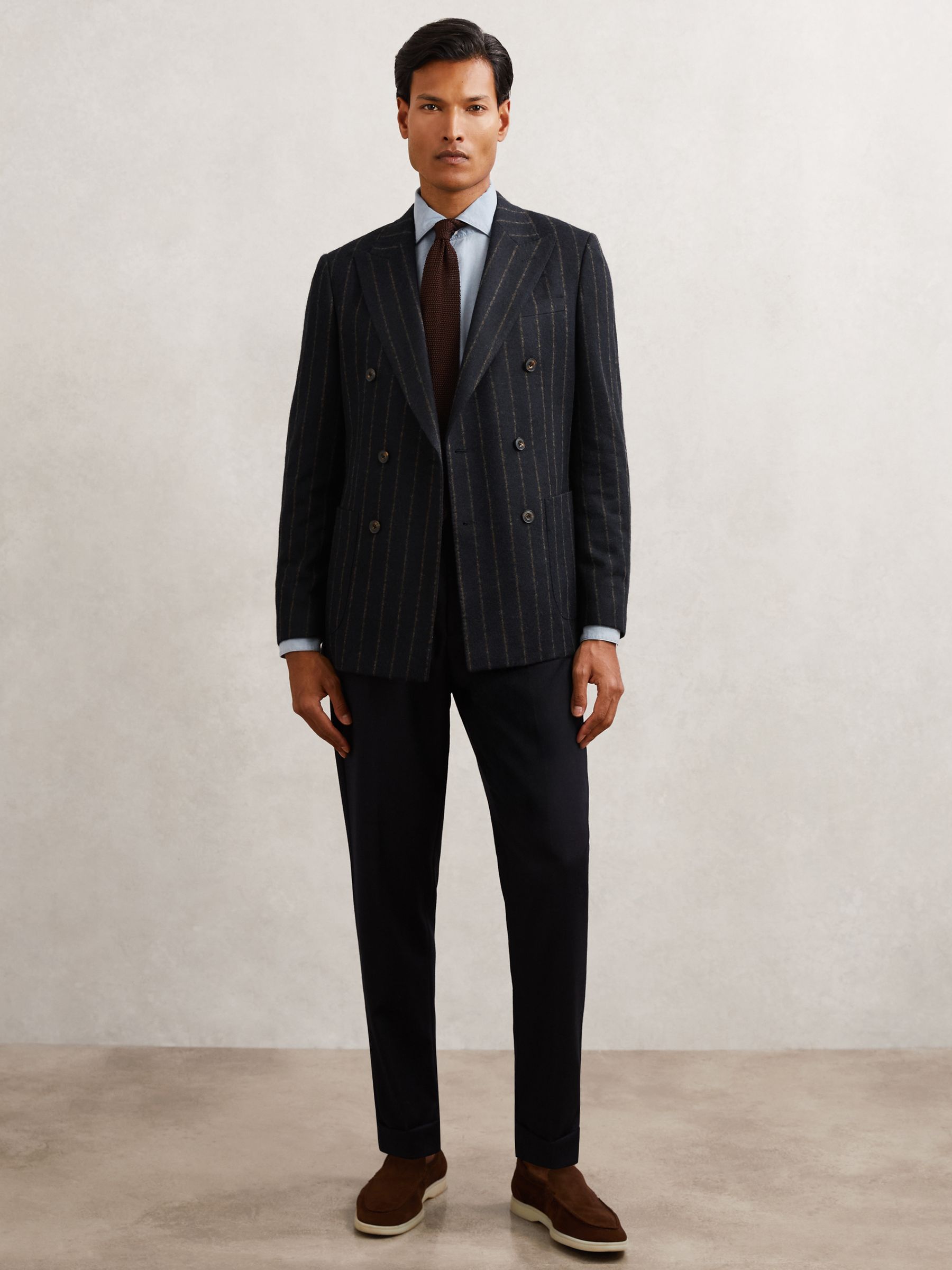 Double-Breasted Chalk-Stripe Blazer Tailored-Fit with Wool in Navy