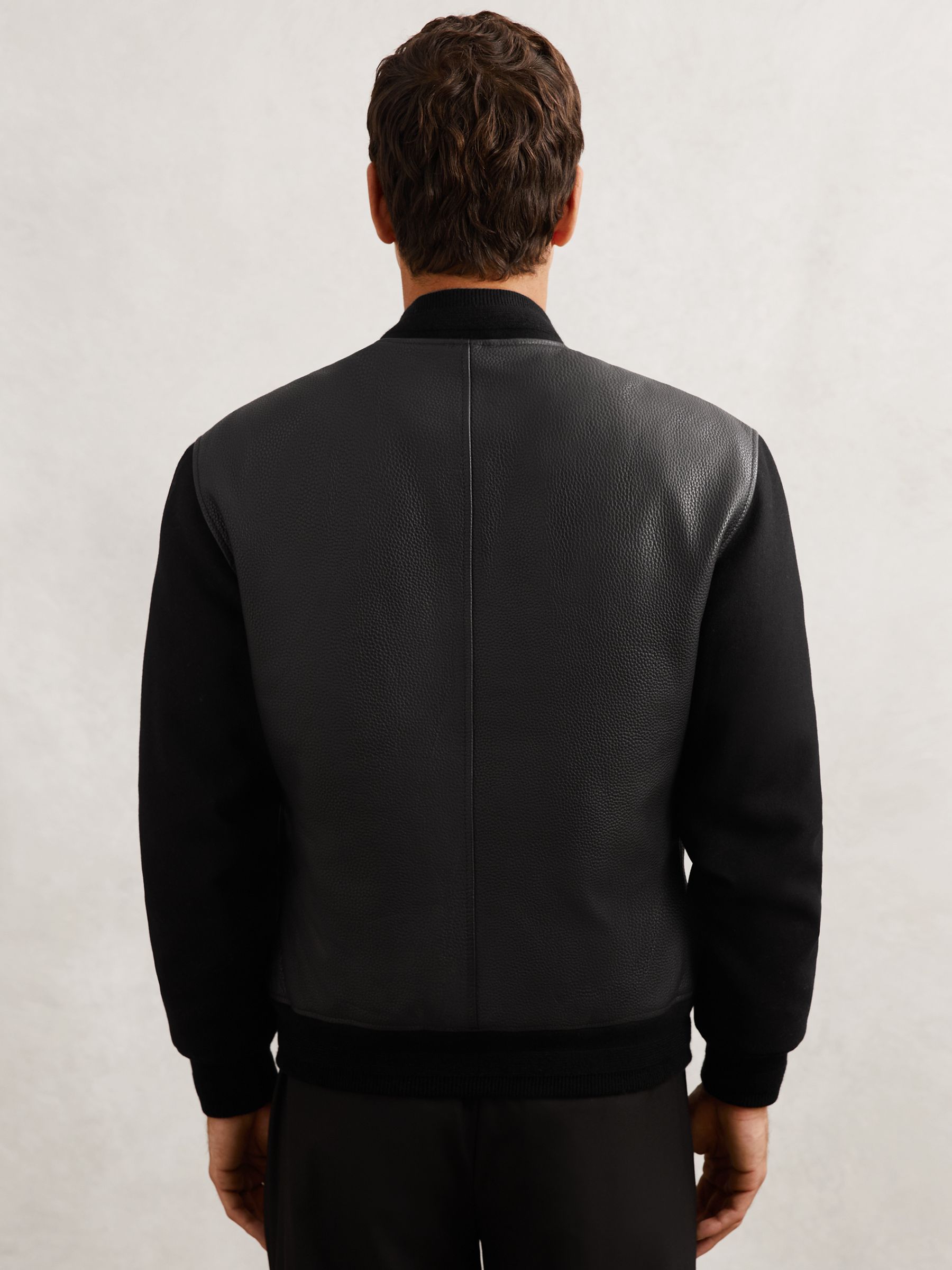 Leather Contrast-Sleeve Bomber Jacket in Black