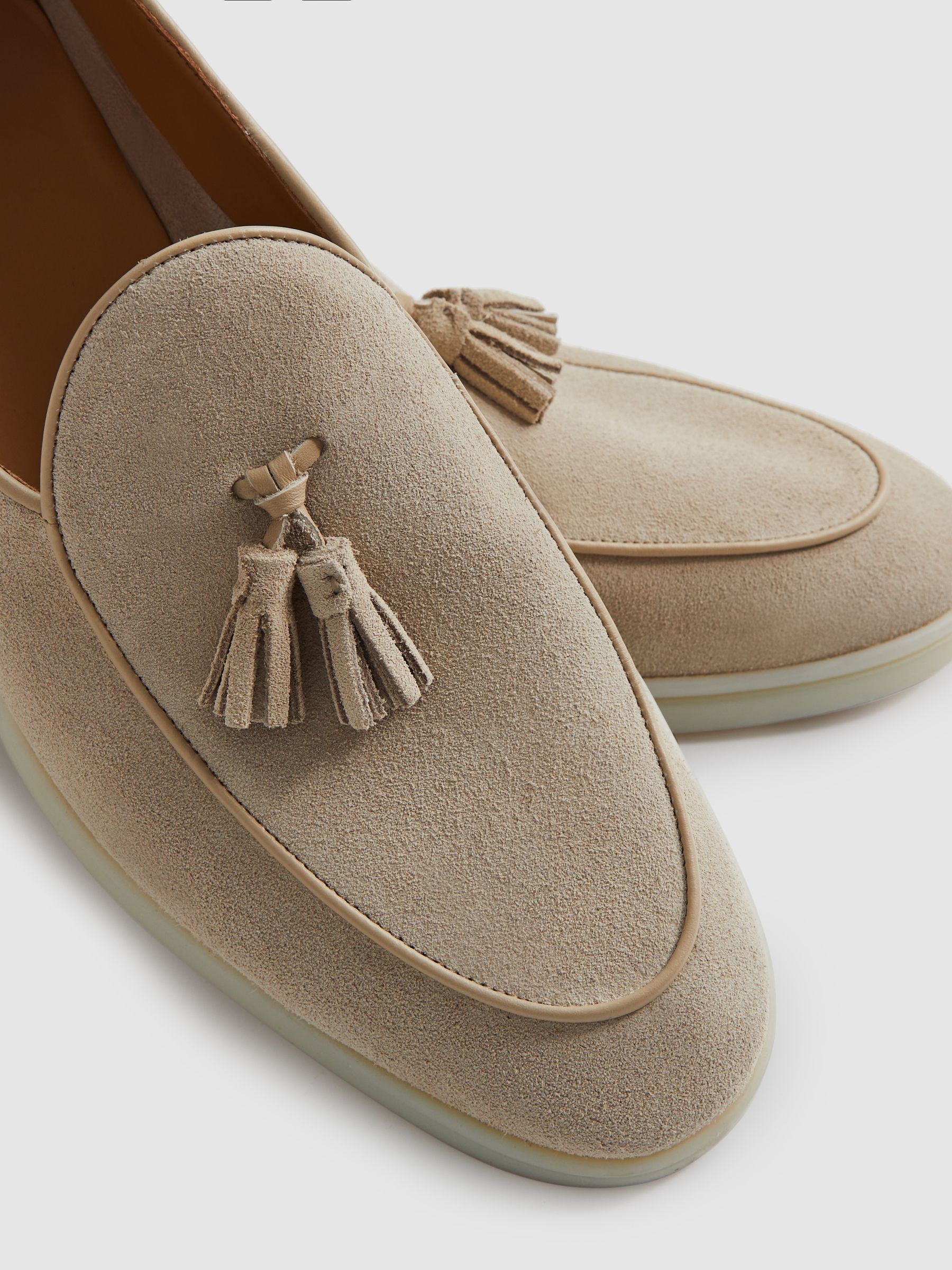 Suede Tassel Loafers in Light Stone