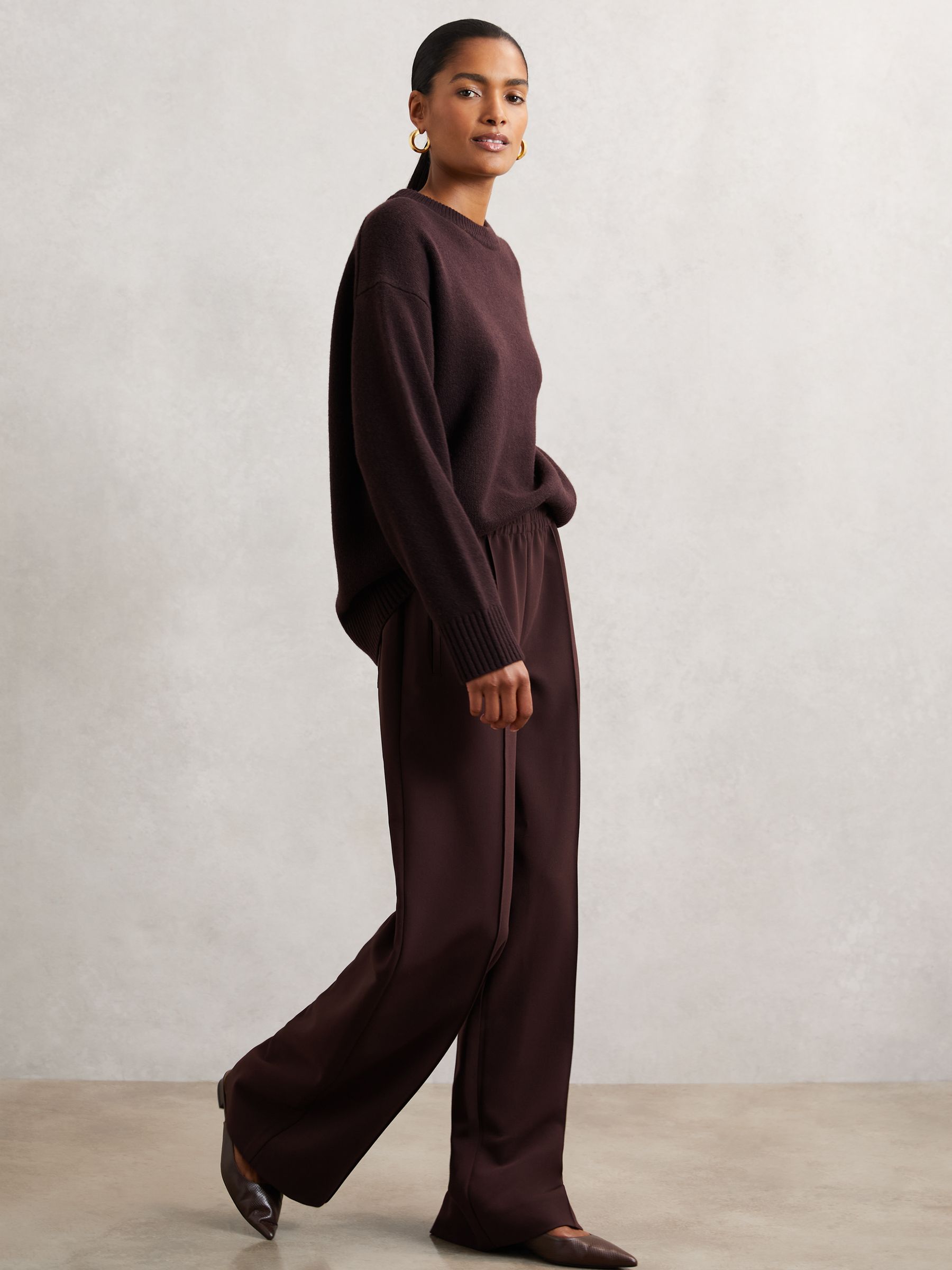 Wide Leg Elasticated Waist Trousers in Burgundy