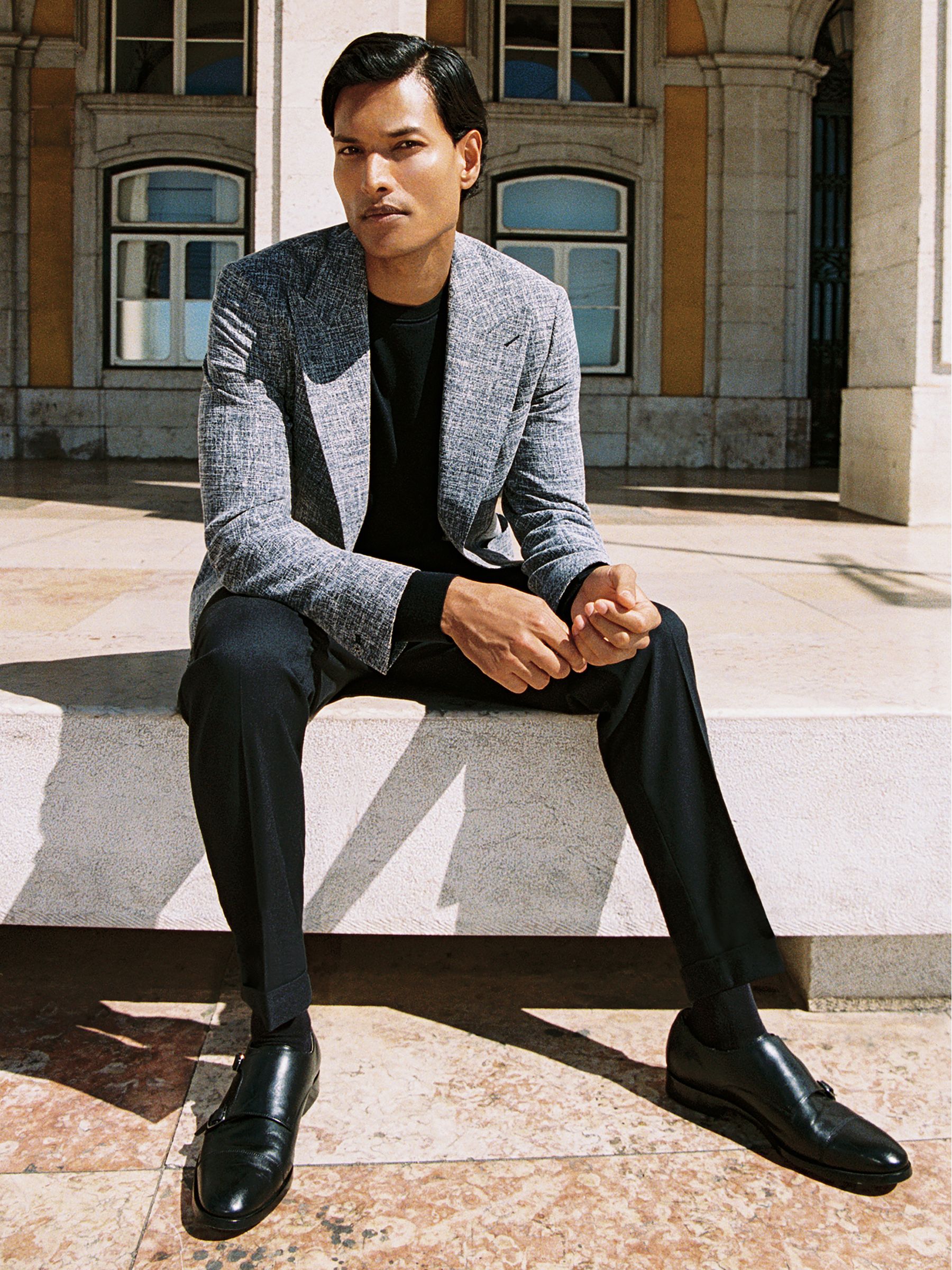 Single-Breasted Textured Mélange Blazer Slim-Fit in Navy Melange