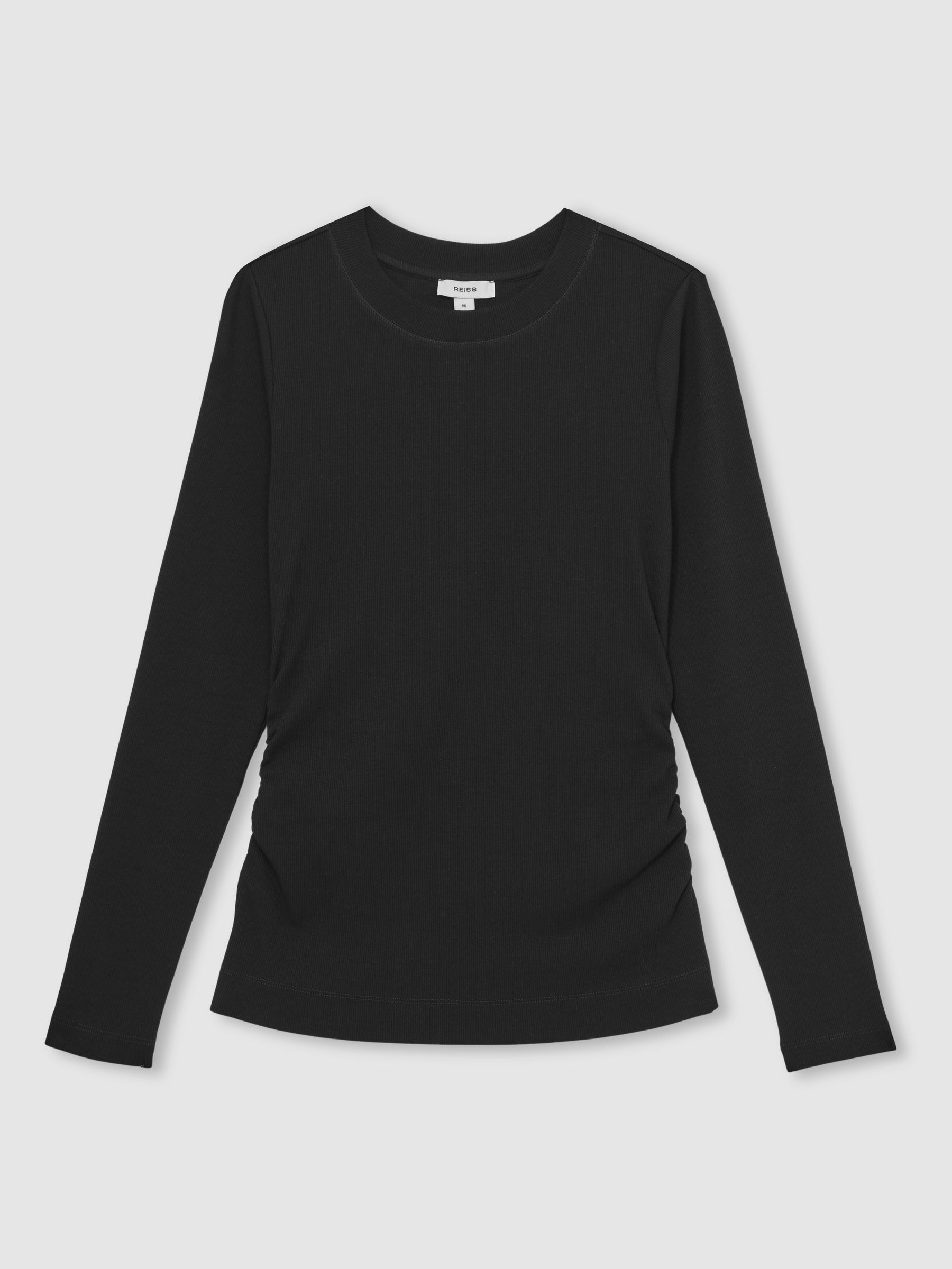 Cotton Long-Sleeve Ruched T-Shirt with Stretch in Black
