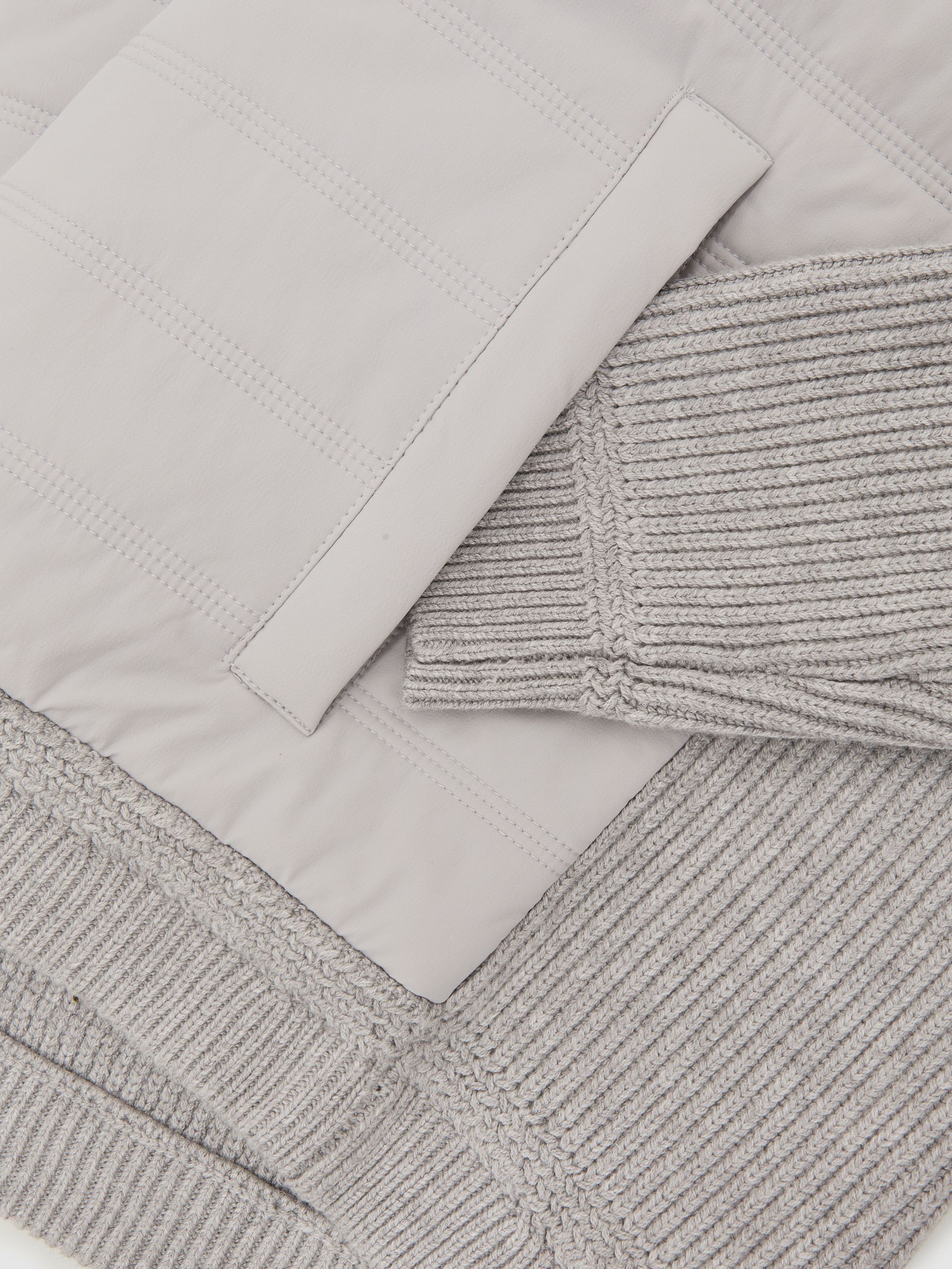 Quilted Rib-Knit Funnel-Neck Jacket in Soft Grey