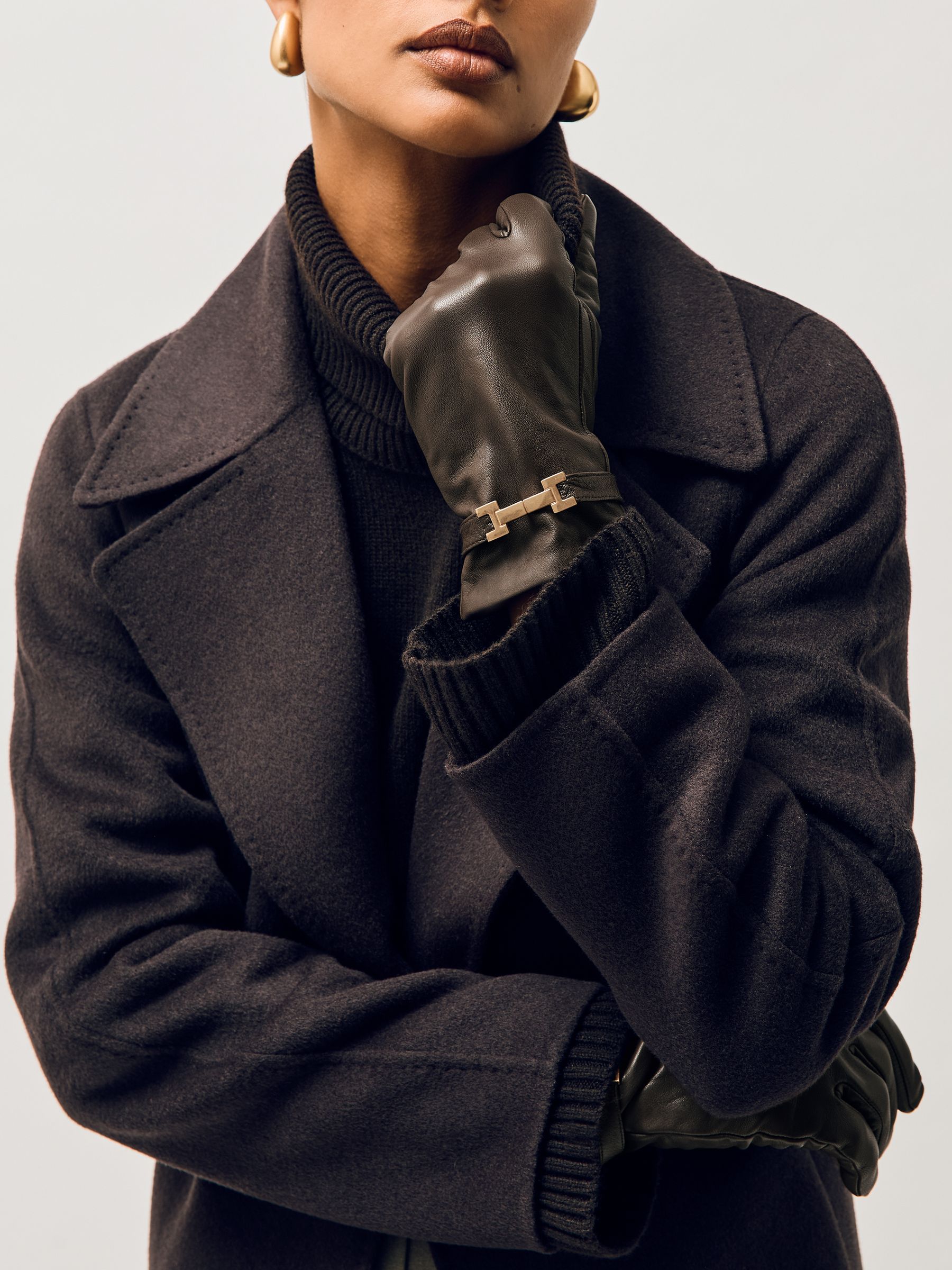 Leather Hardware-Embellished Gloves in Chocolate