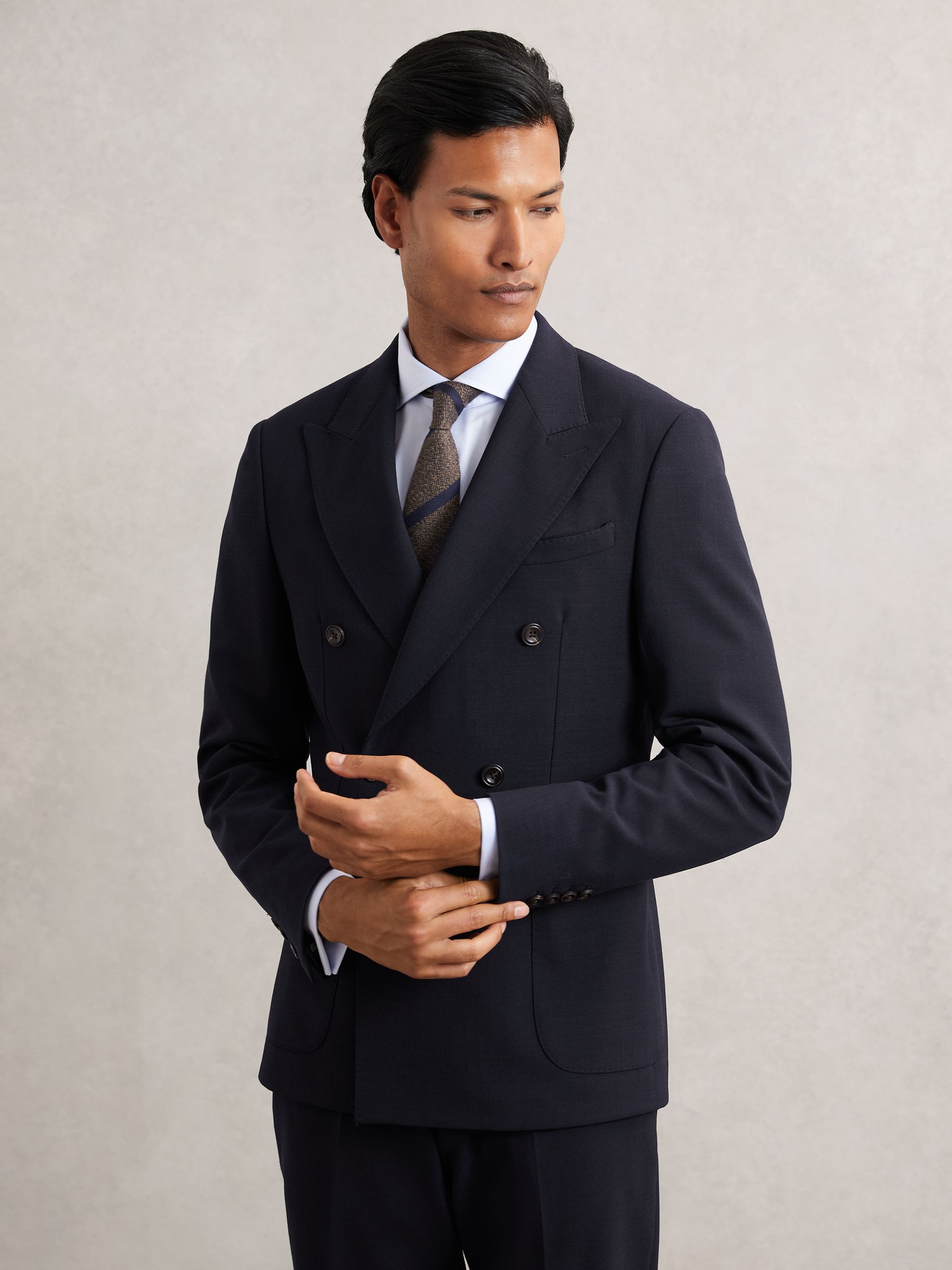 Double-Breasted Textured Suit Blazer Slim-Fit With Wool in Navy
