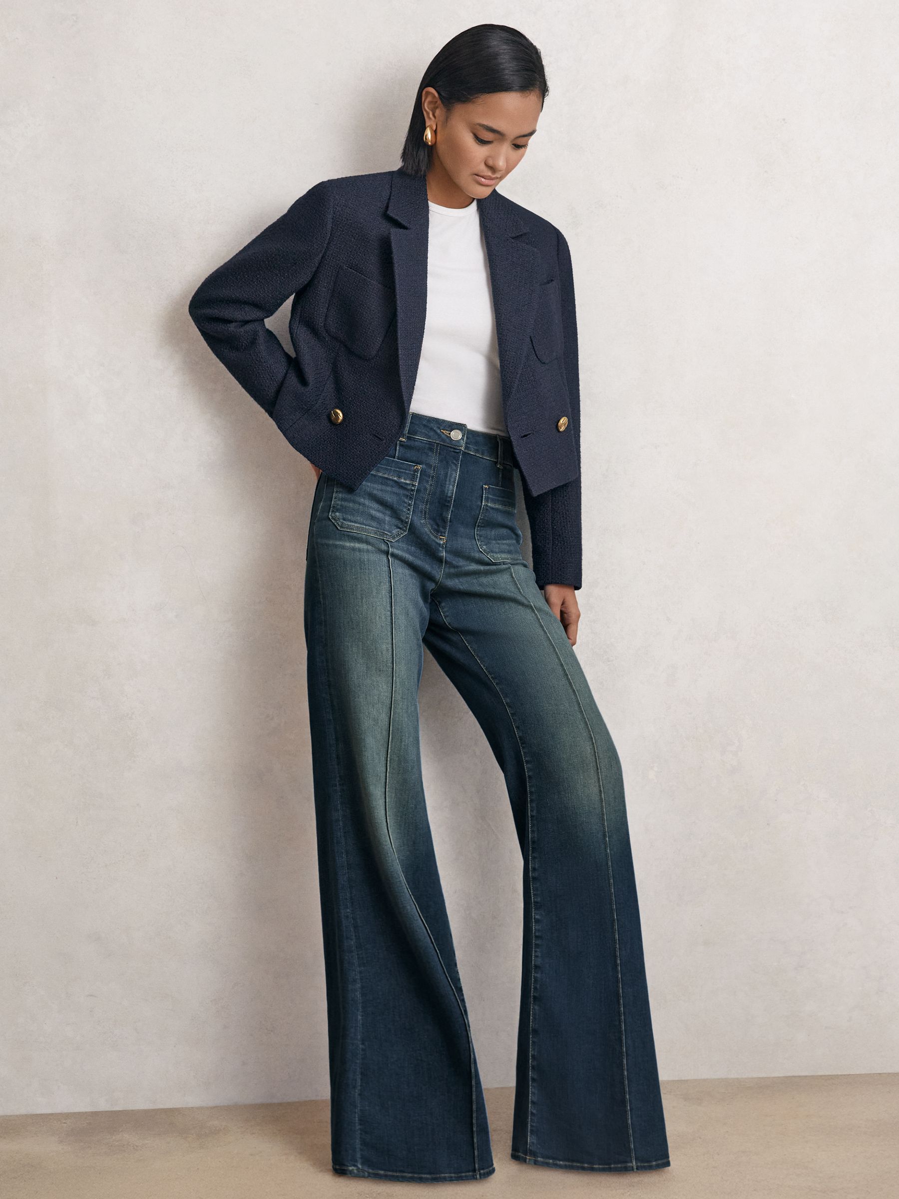 Patch-Pocket Flared Jeans in Ecru