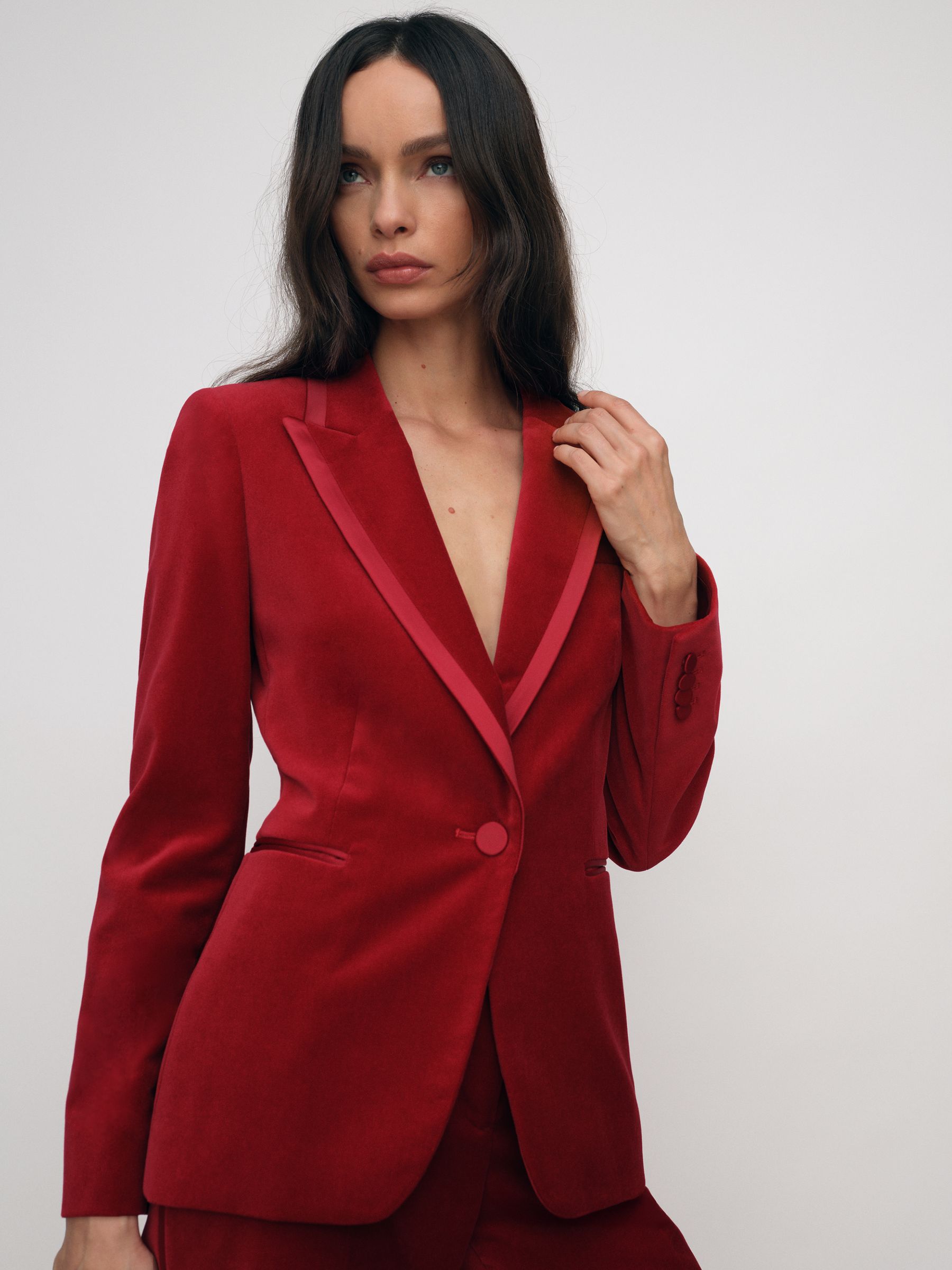 Petite Velvet Single-Breasted Suit Blazer in Red