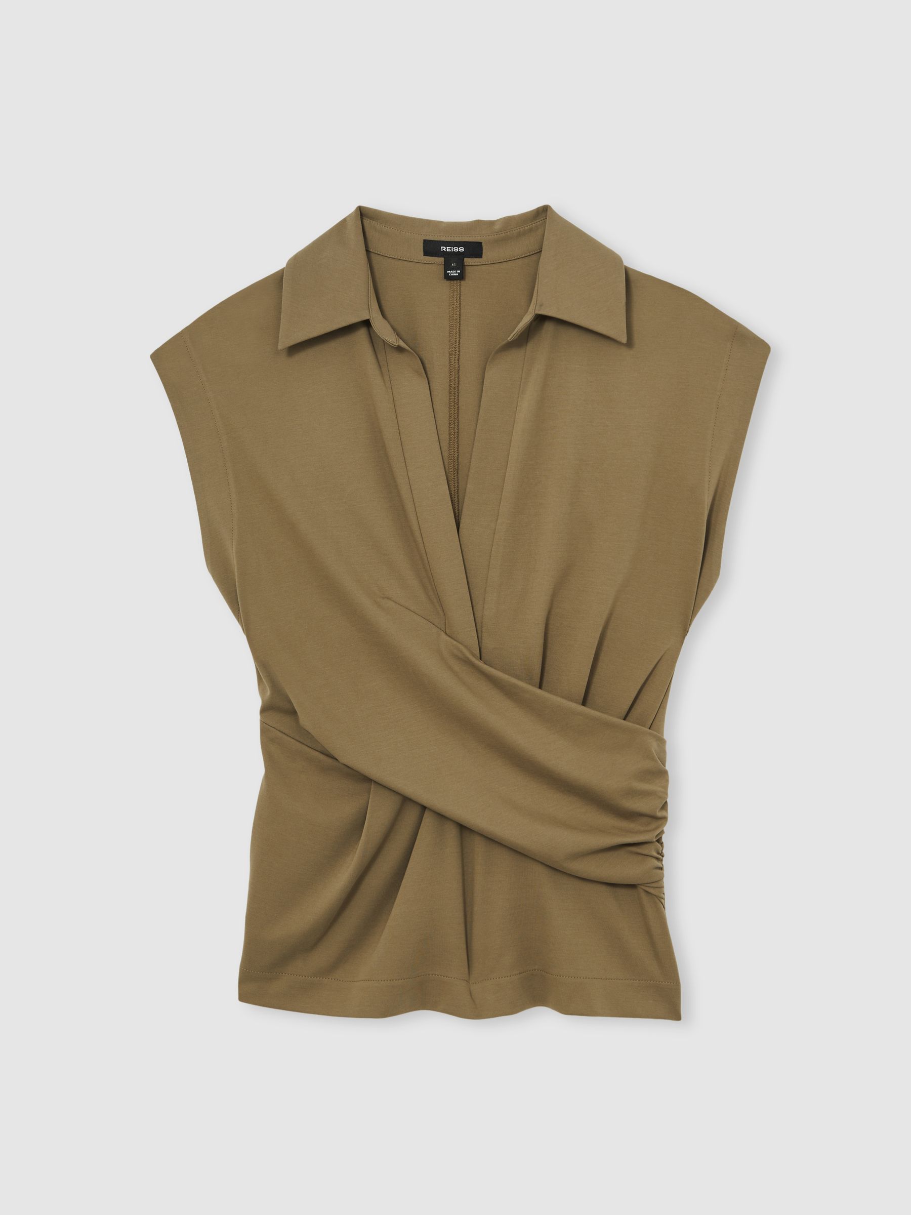 Stretch-Cotton Wrap-Front Collar Top in Khaki Green