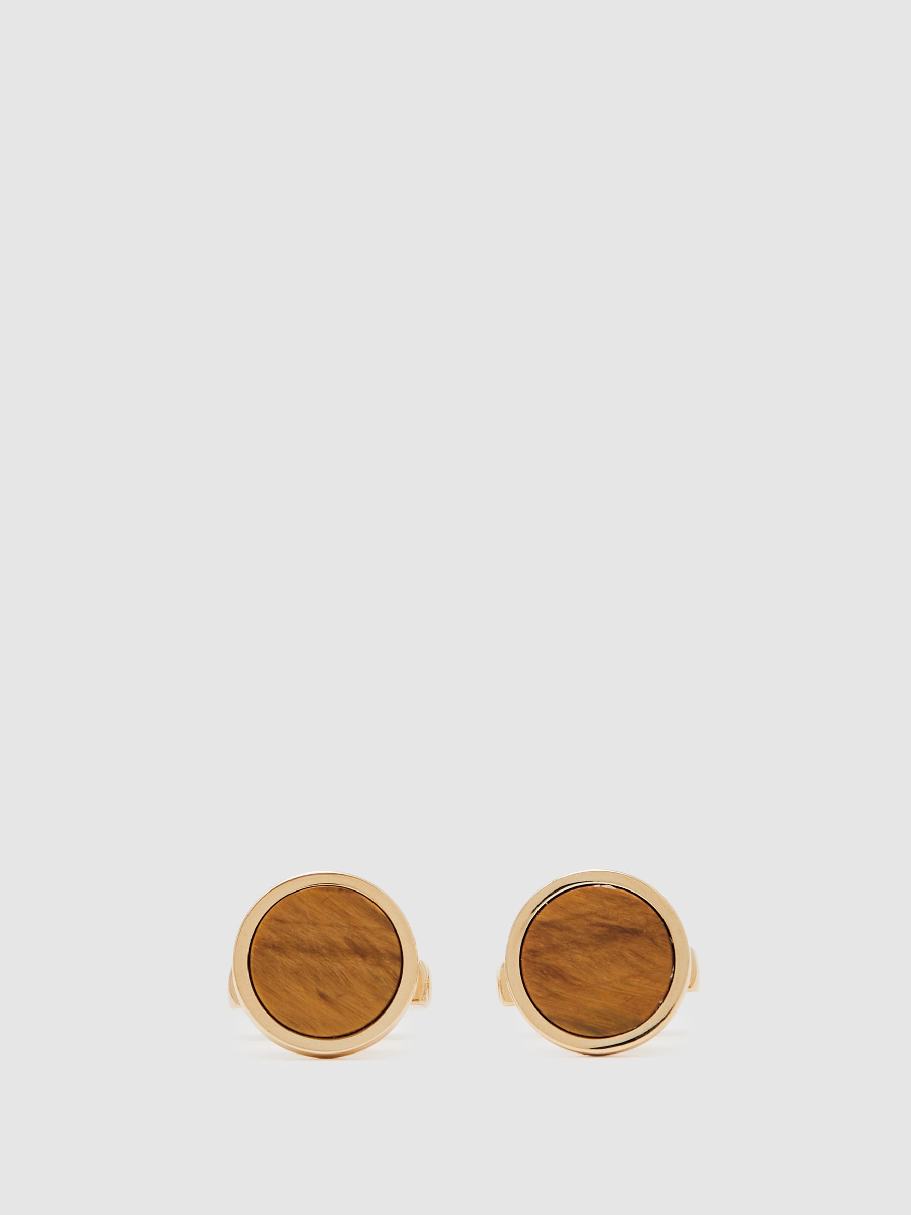 Inlaid Round Cufflinks in Gold/Tigers Eye