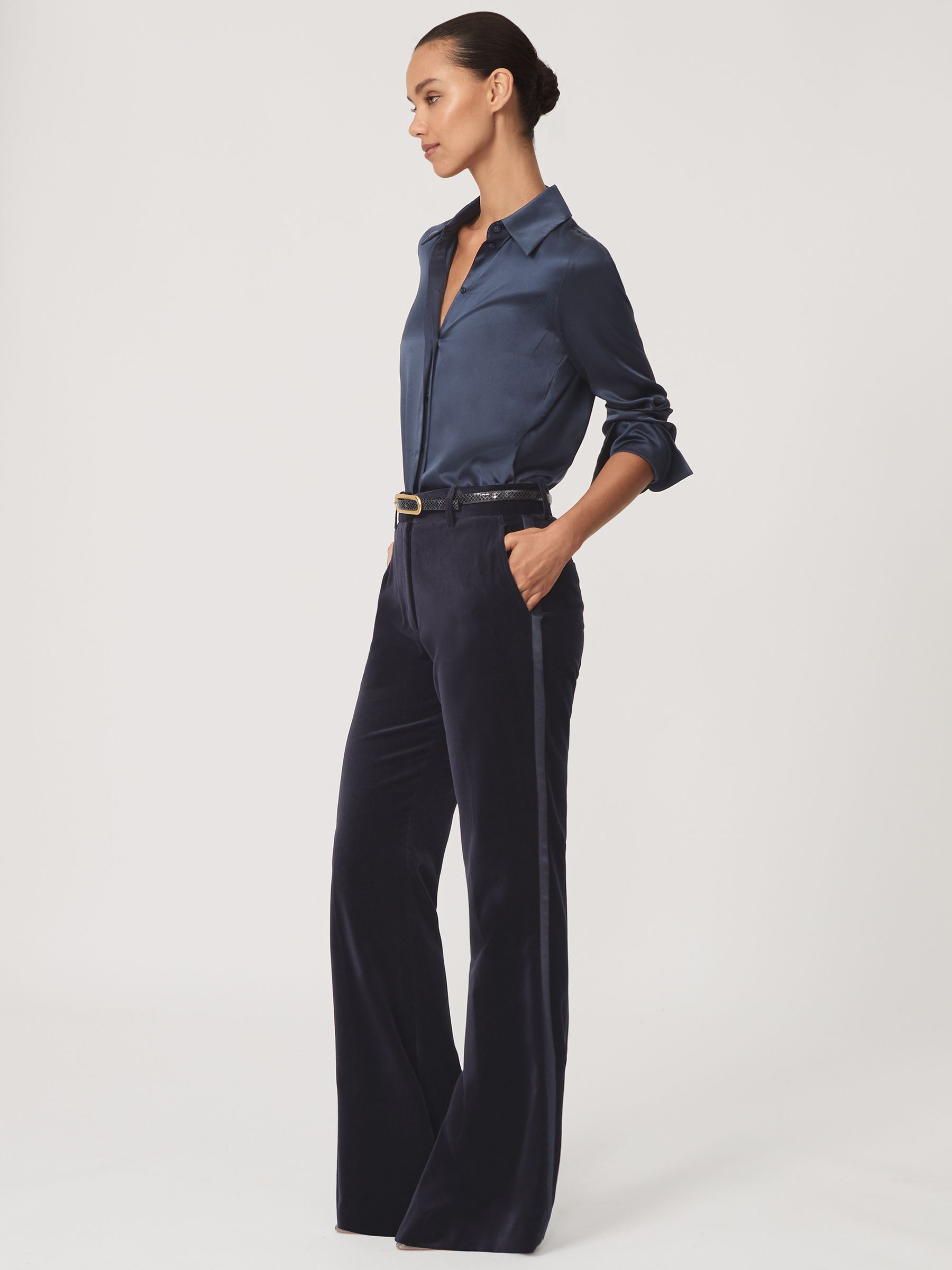 Velvet Satin-Stripe Flared Trousers in Navy