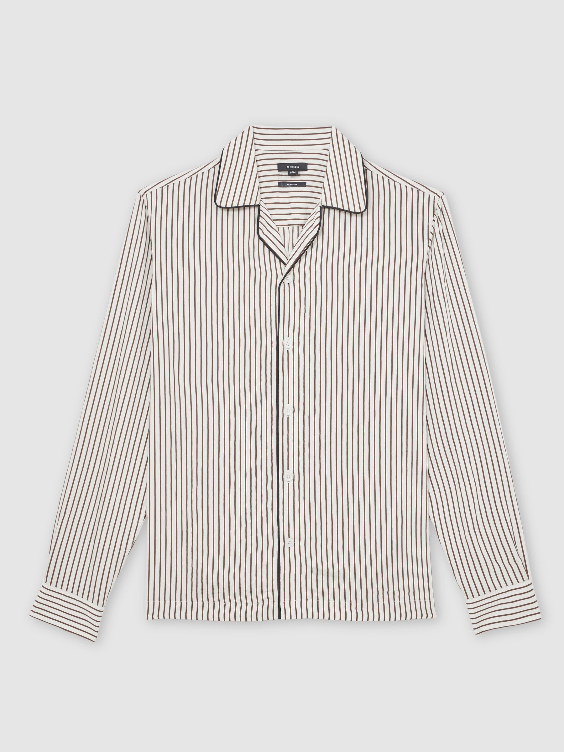 Stripe Cuban-Collar Piped Shirt in White/Brown