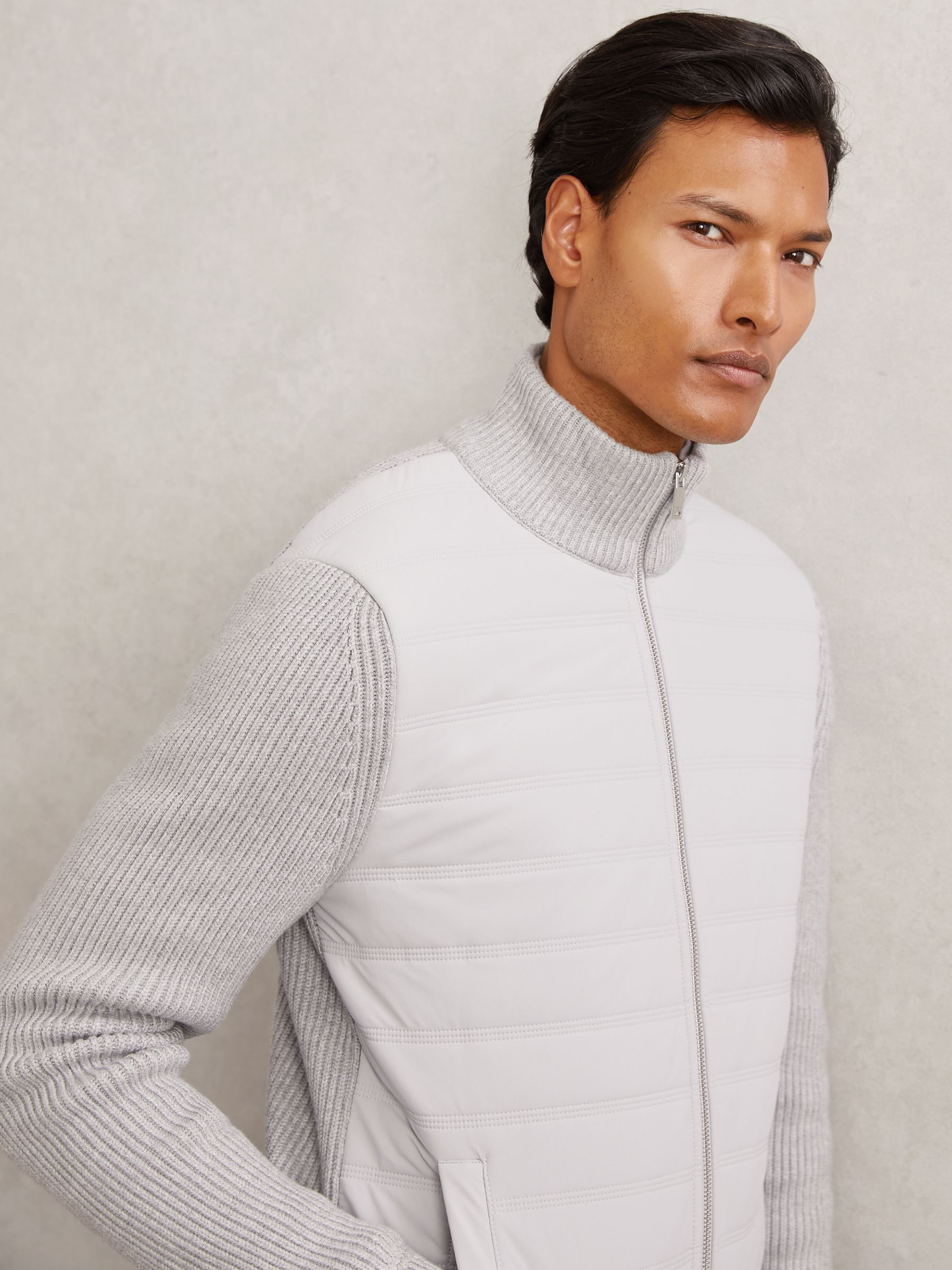 Quilted Rib-Knit Funnel-Neck Jacket in Soft Grey