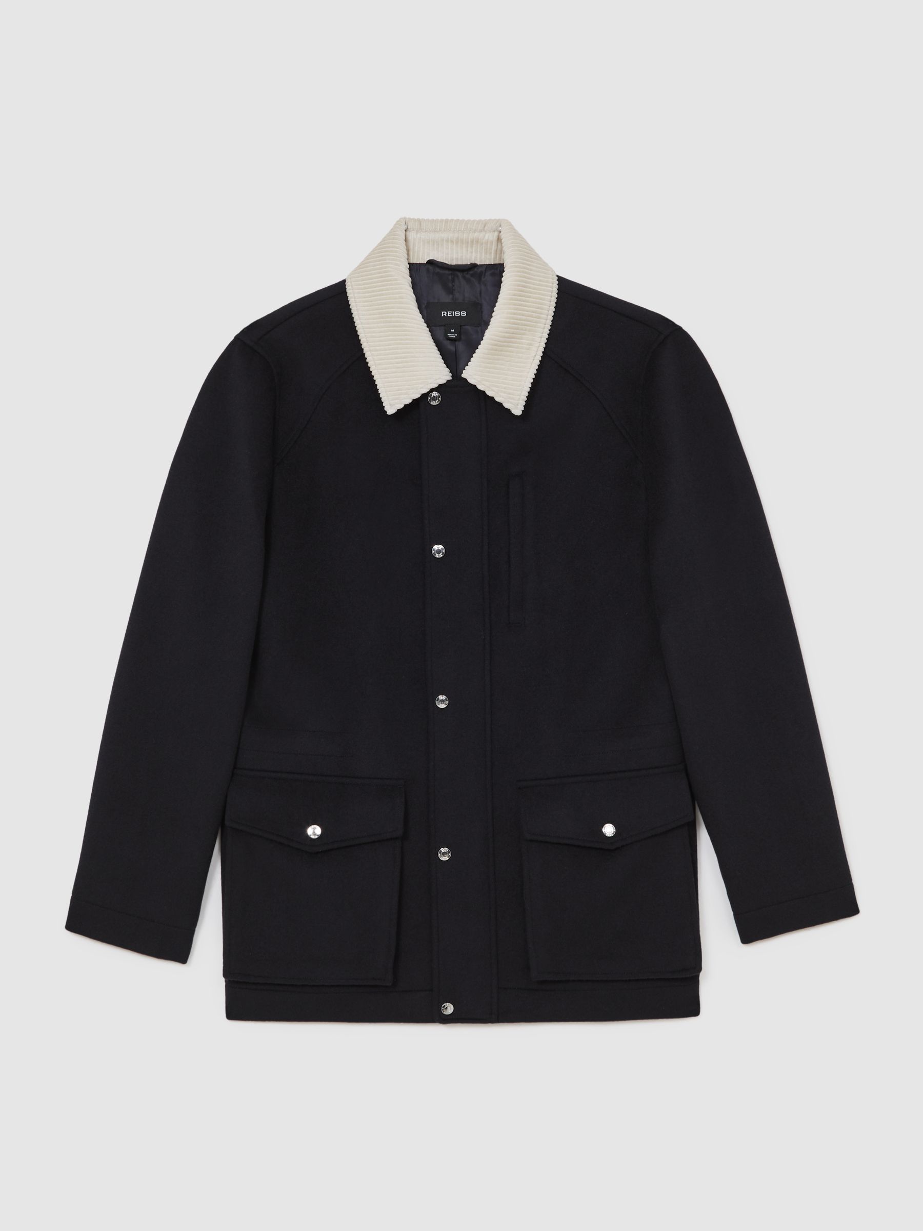 Wool-Blend Cord-Collar Worker Jacket in Navy