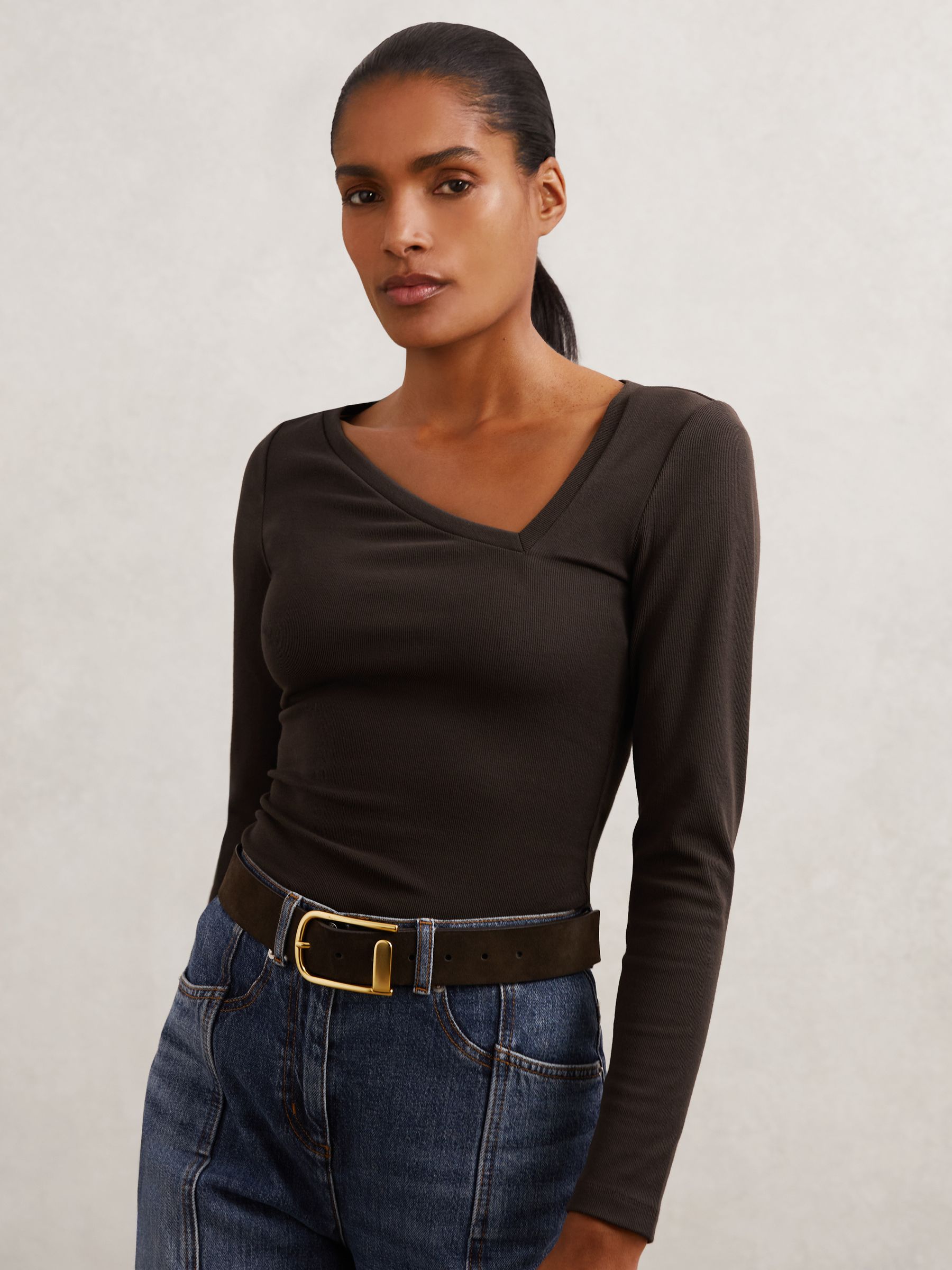 Stretch-Cotton Asymmetric-Neck Top in Chocolate Brown