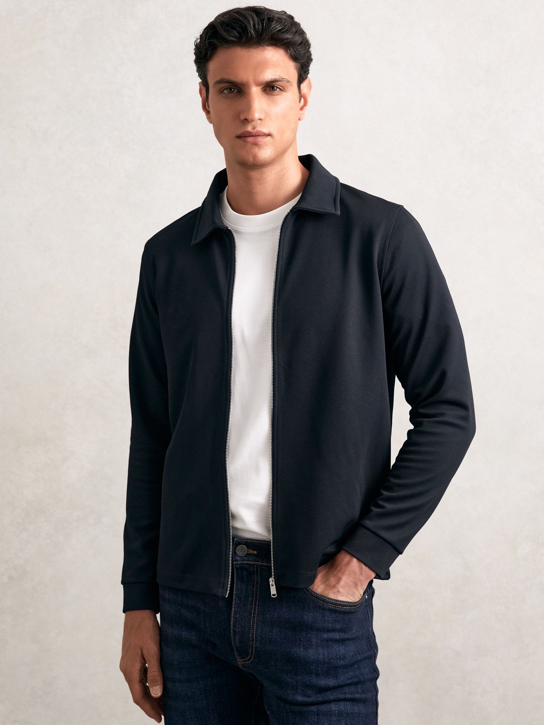 Textured Zip Through Overshirt in Navy