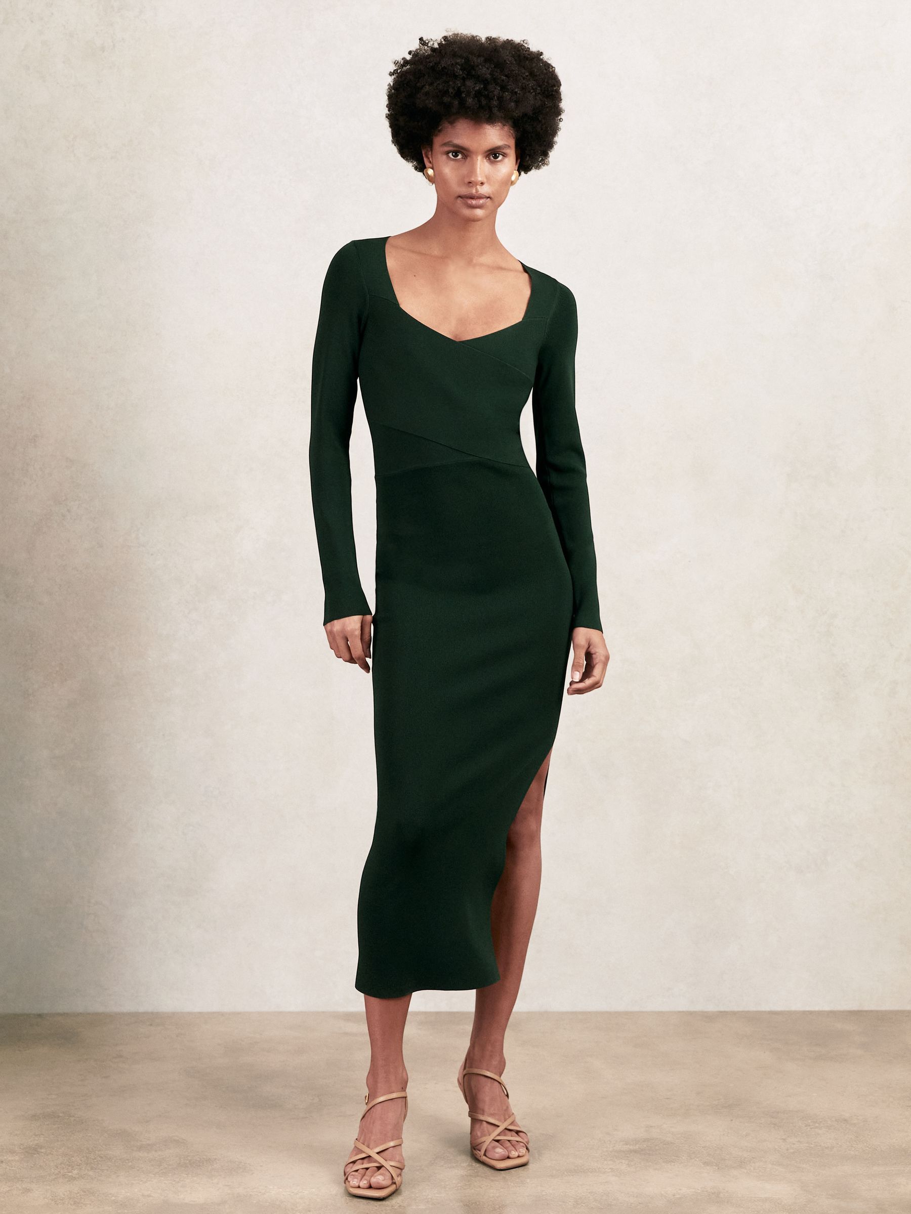 Knitted Wrap-Front Midi Dress in Green