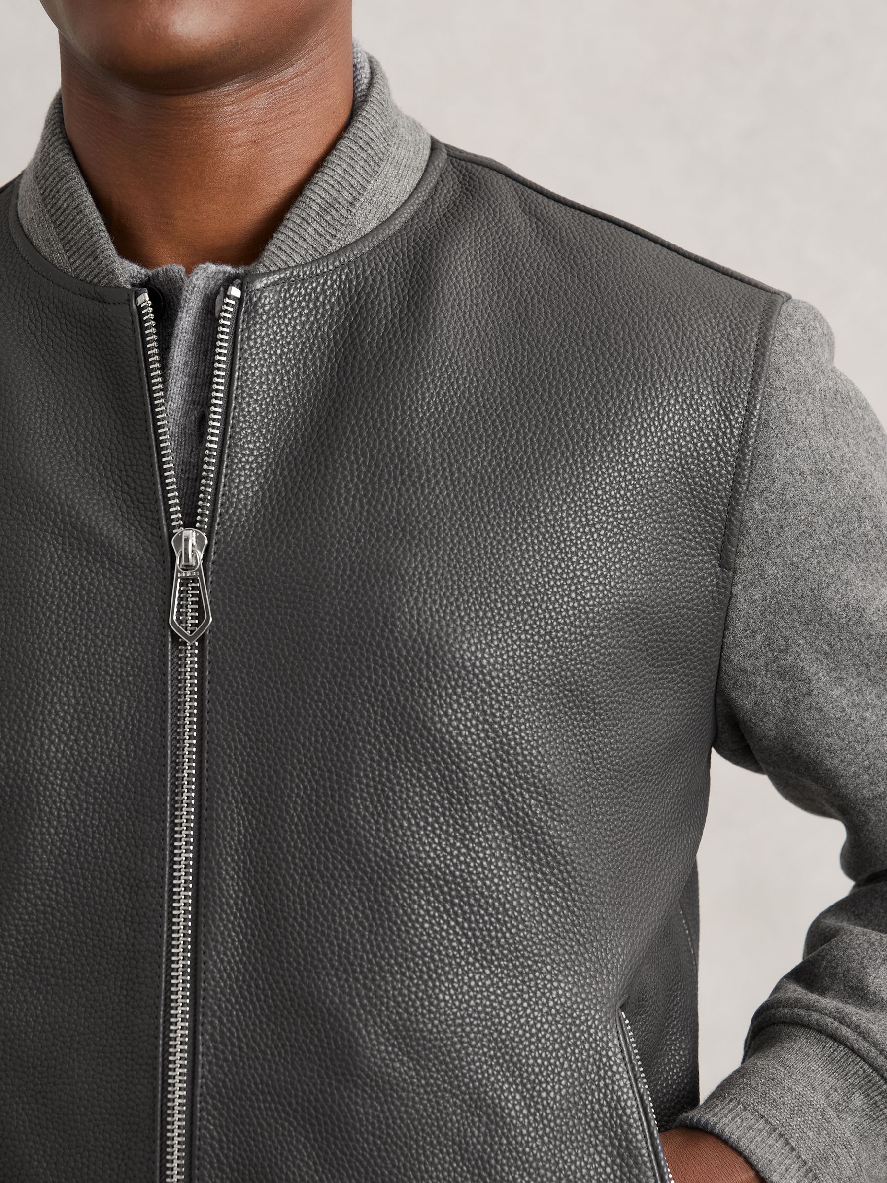 Leather Contrast-Sleeve Bomber Jacket in Grey