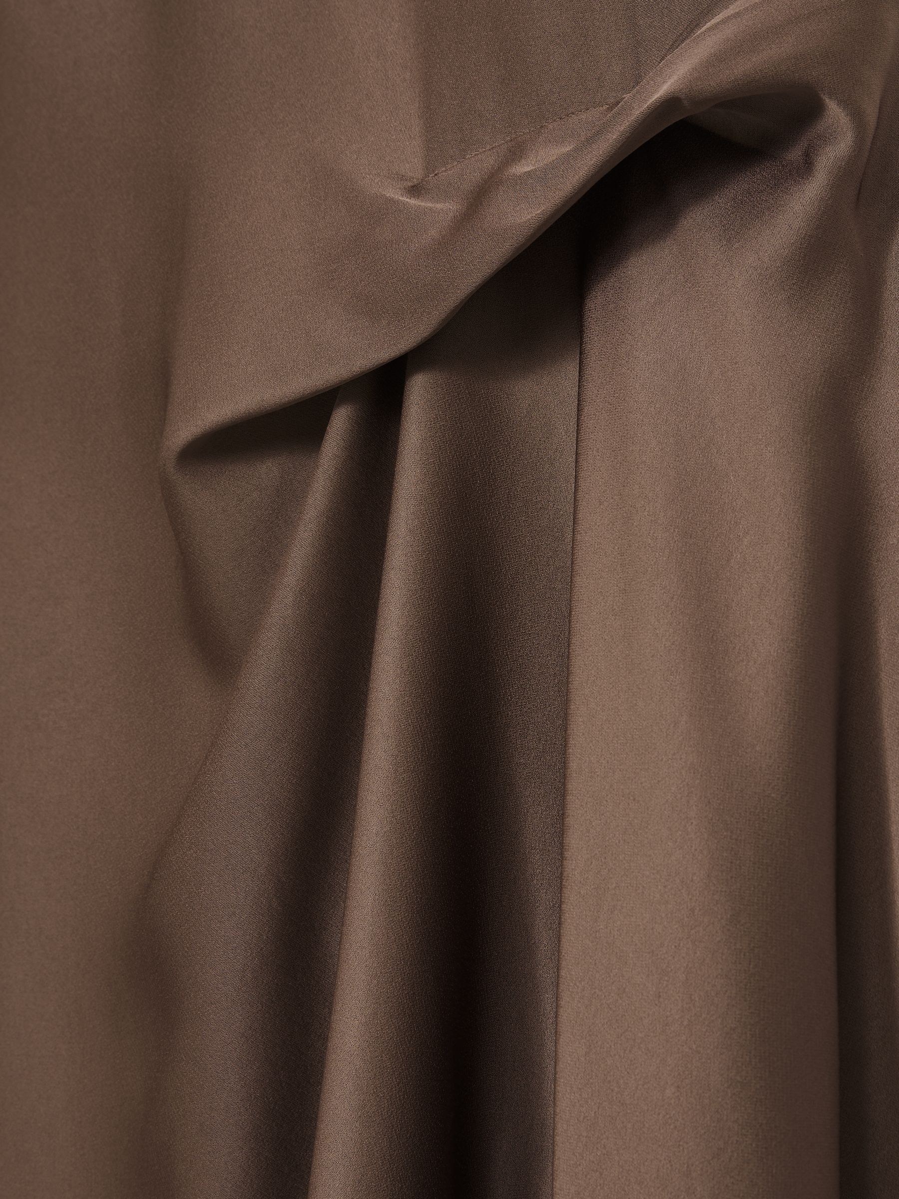 Satin Tuck-Detail Cape Midi Dress in Taupe Brown