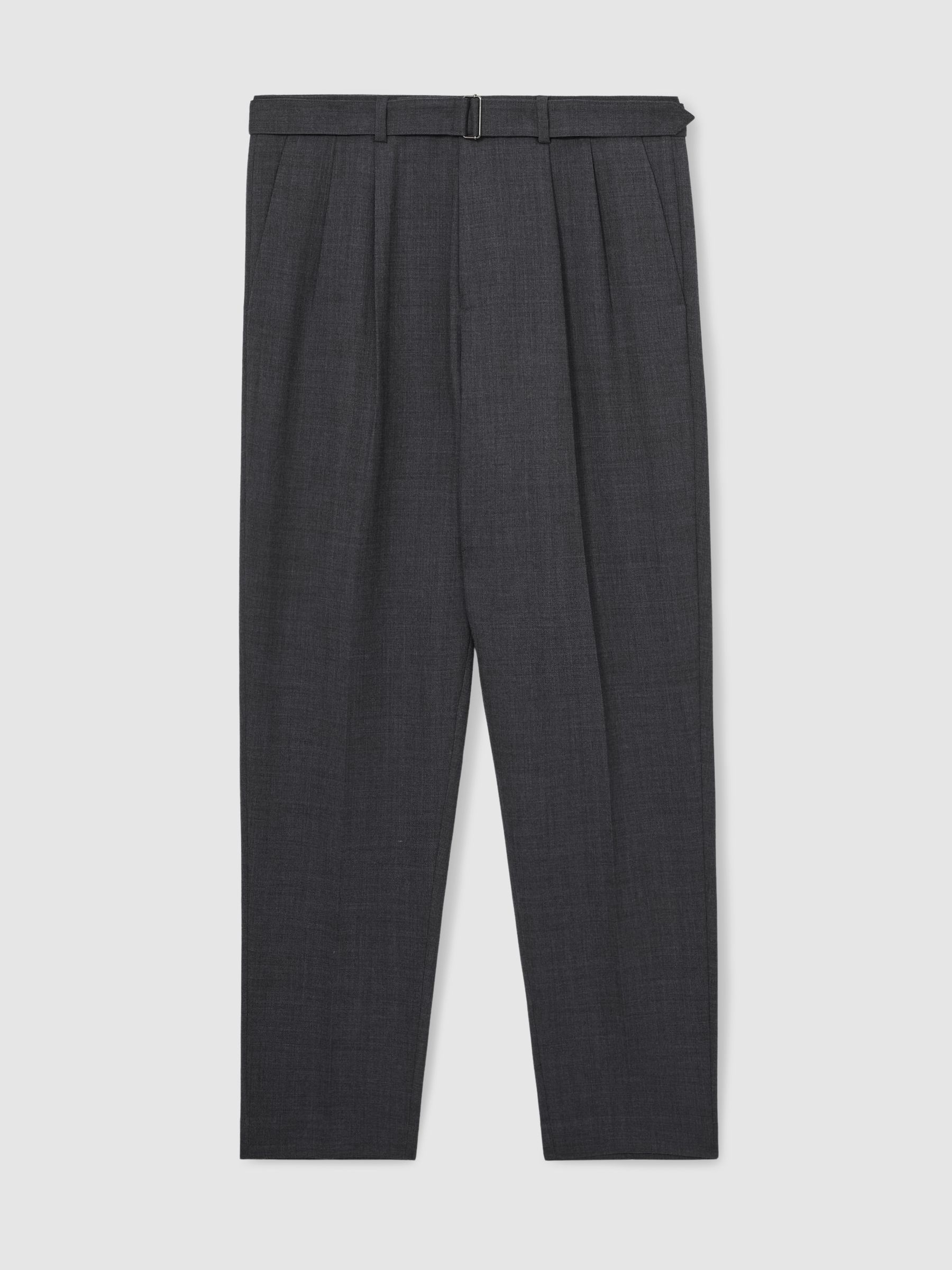 Wool-Blend Tailored-Fit Belted Trousers in Charcoal Grey