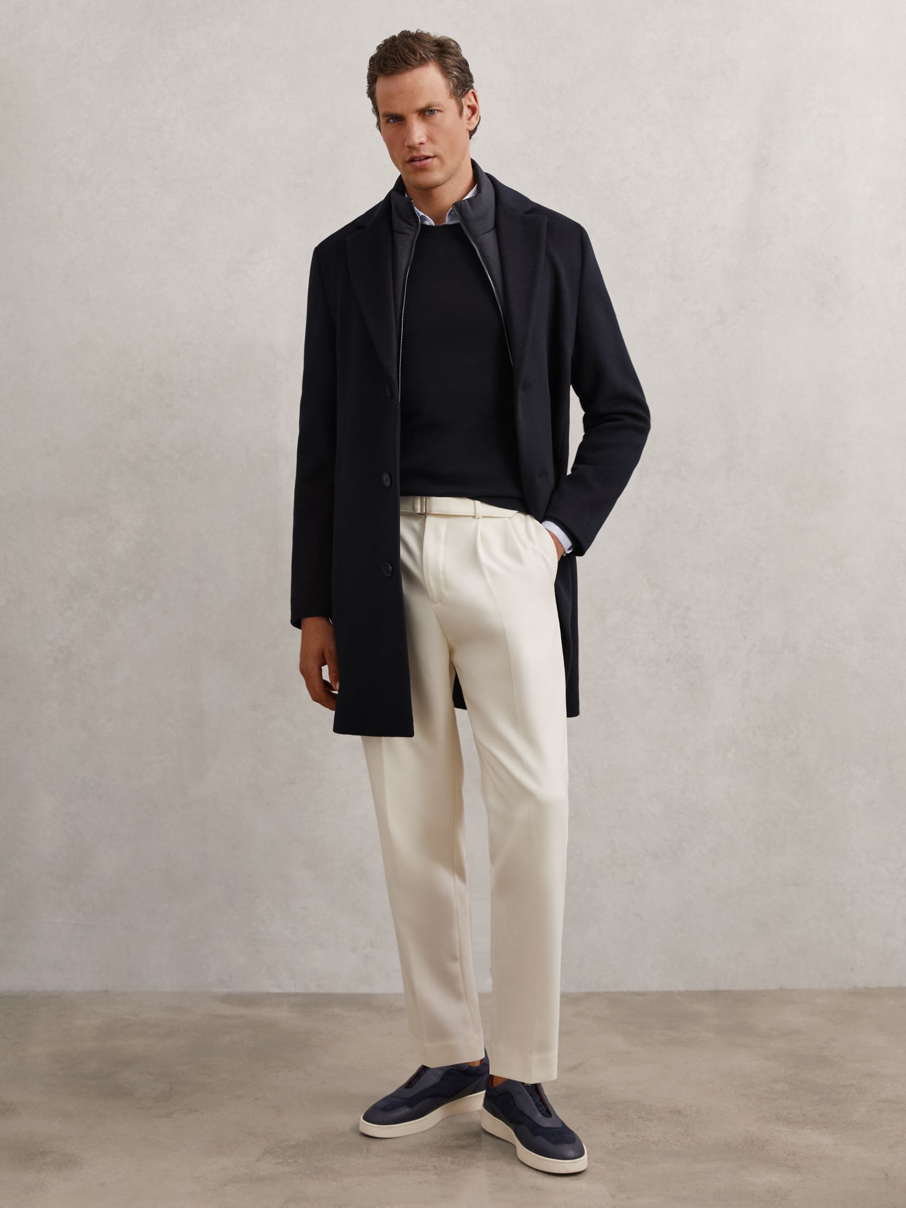 Wool-Blend Internal-Gilet Overcoat in Navy