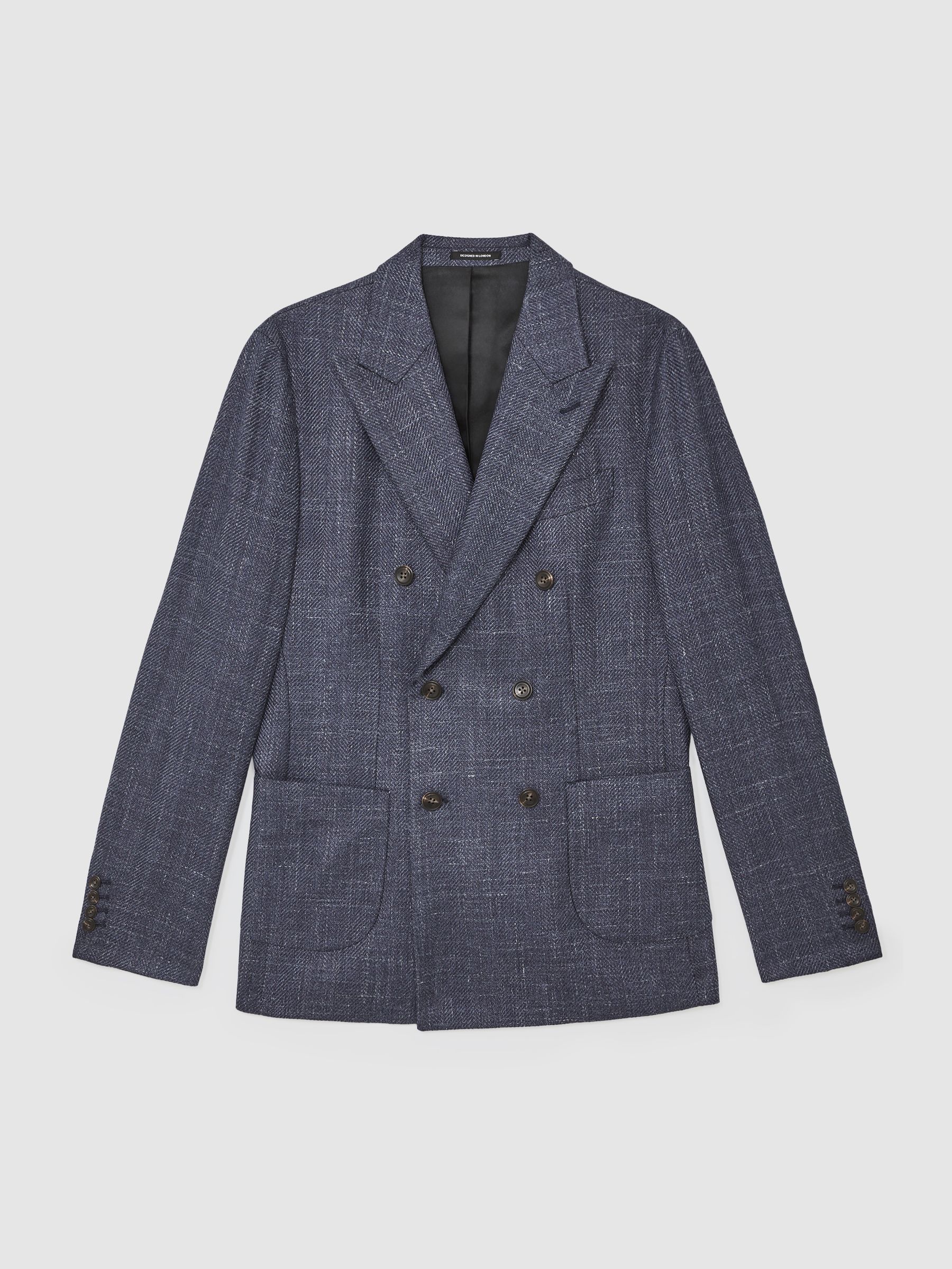 Double-Breasted Herringbone Blazer Slim-Fit Wool-Blend in Navy