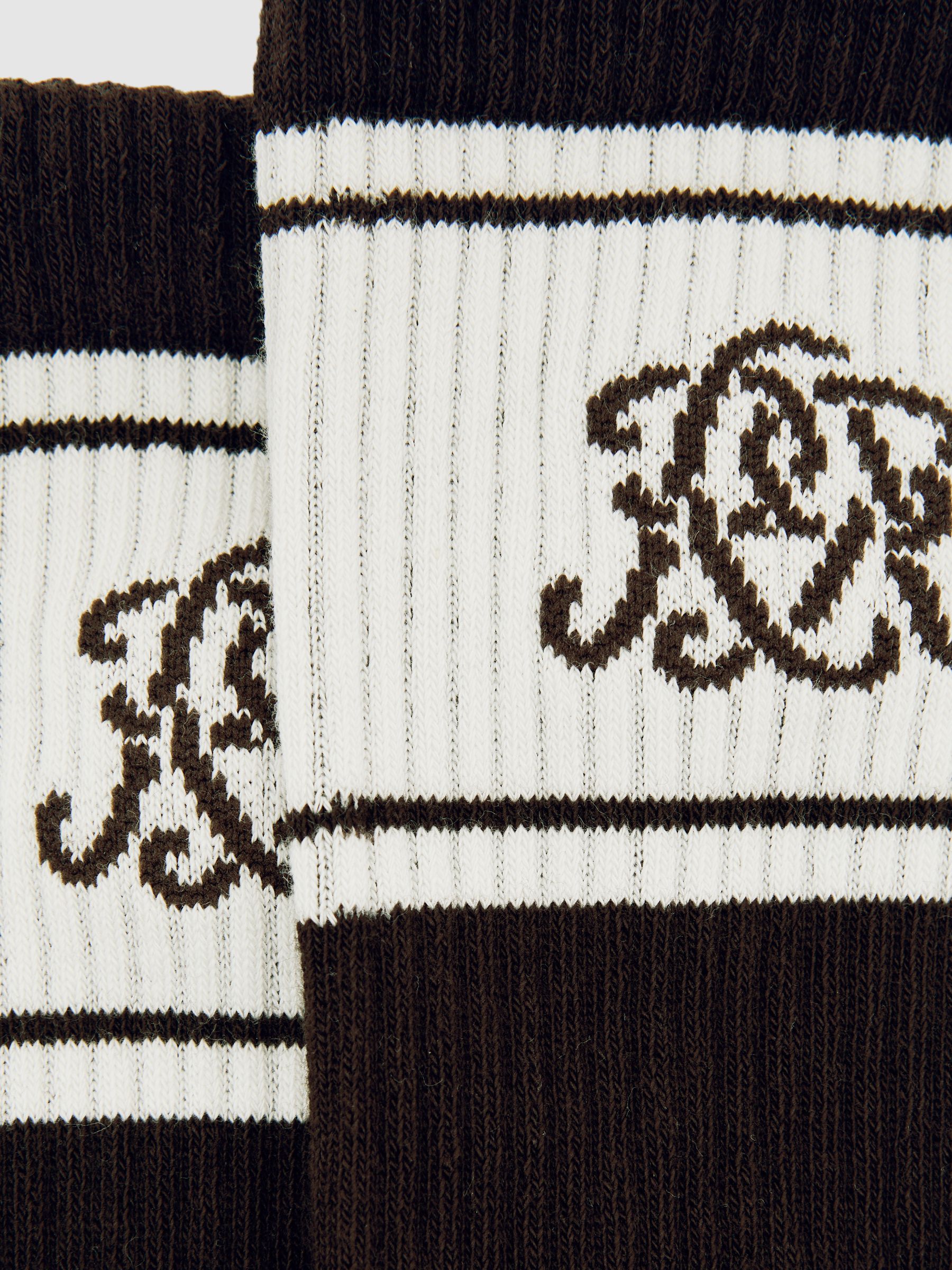 Monogram Cotton-Blend Rib Sport Socks in Chocolate Brown/Ecru/Navy