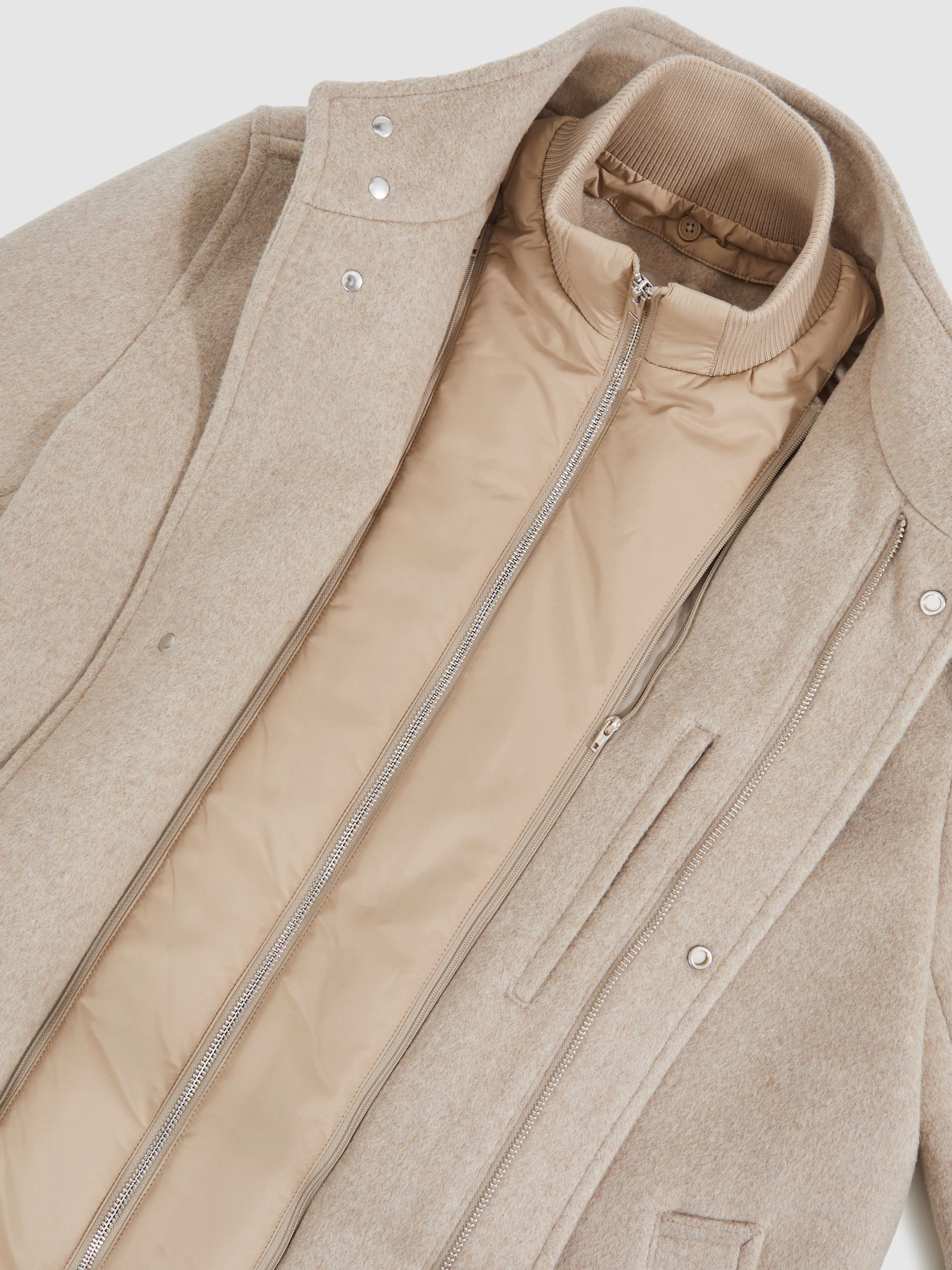 Wool-Blend Gilet-Insert Coat in Oatmeal Brown