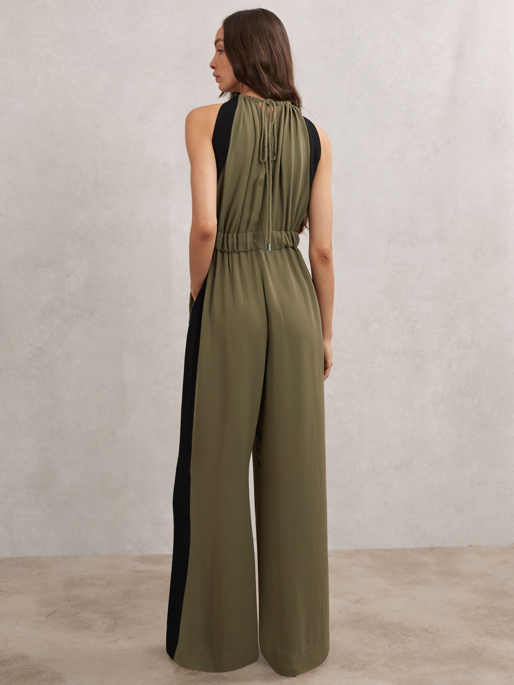 Colourblock Gathered Wide-Leg Jumpsuit in Khaki Green/Black