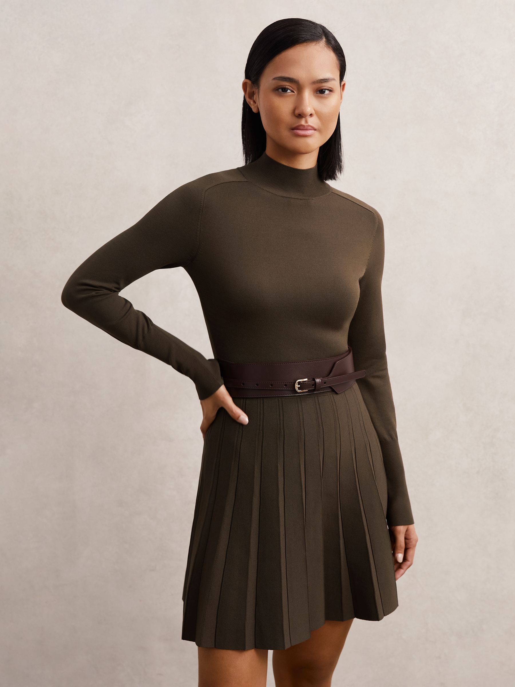 Knitted Belted Skater Mini Dress in Mocha Brown