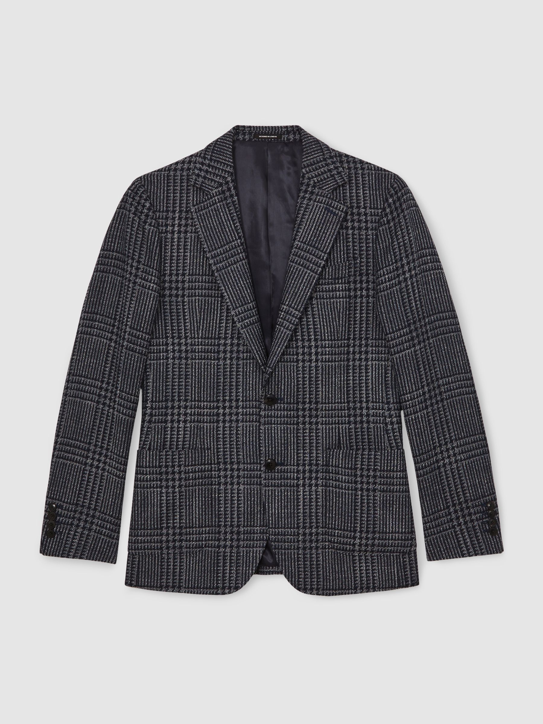 Wool-Blend Check Single-Breasted Blazer Tailored-Fit in Navy