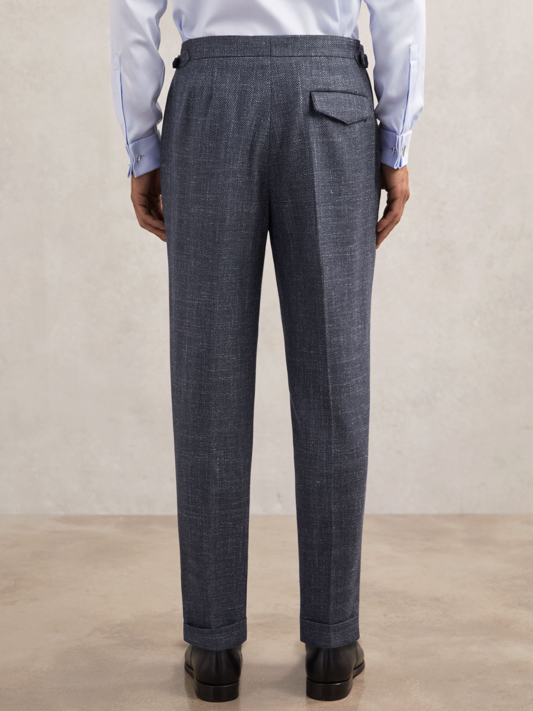 Wool-Blend Slim Herringbone Trousers in Navy
