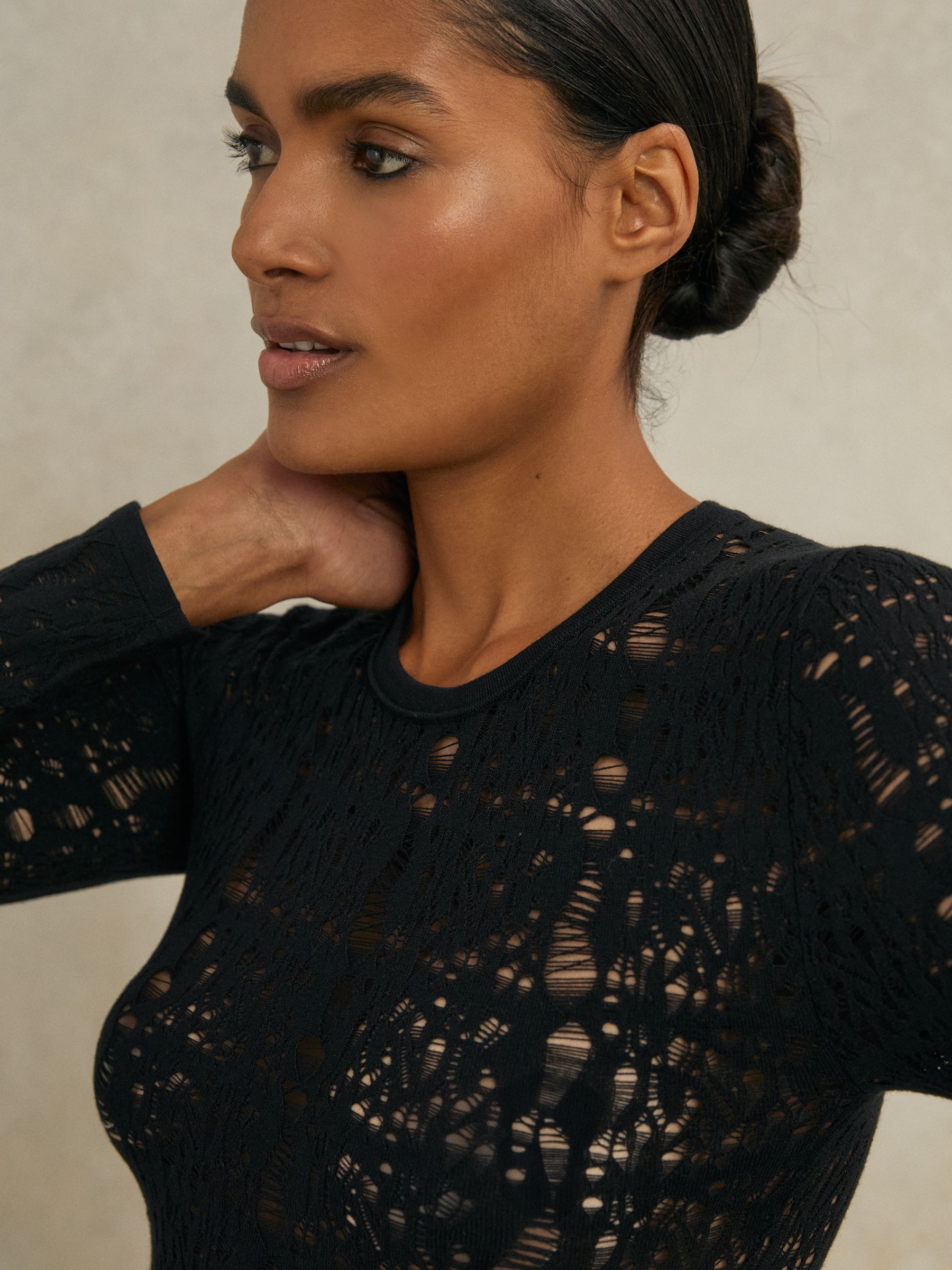 Atelier Lace-Knit Long-Sleeve Bodysuit in Black