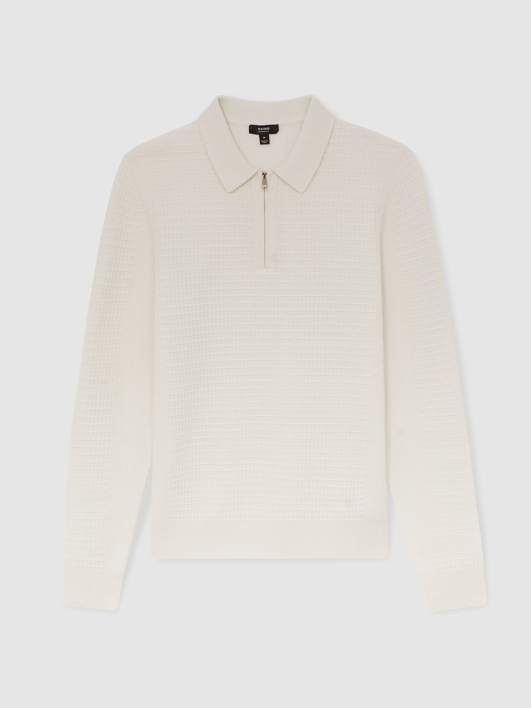 Wool Waffle-Knit Half-Zip Polo Shirt in Off White