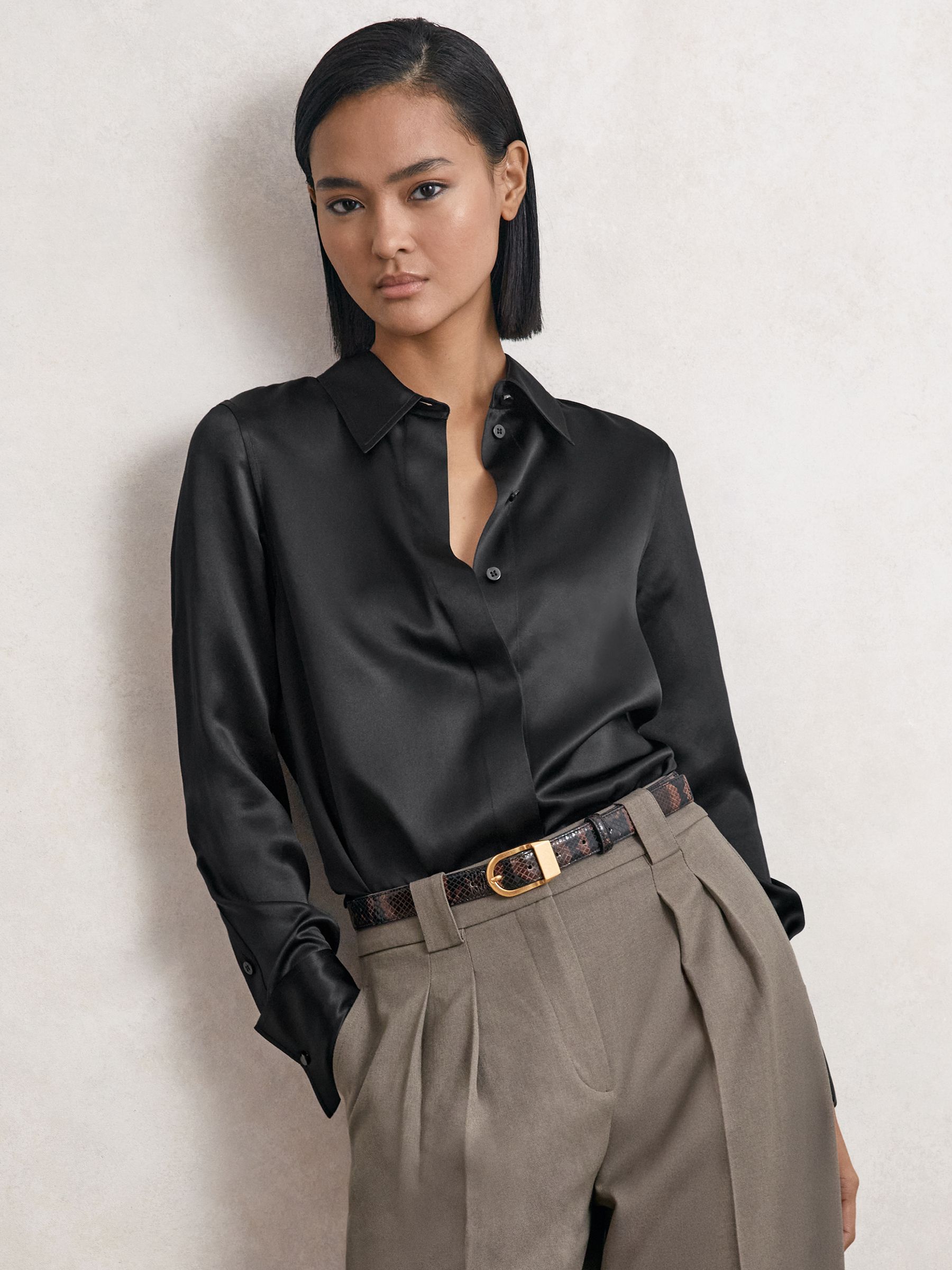 Silk-Satin Concealed-Placket Shirt in Taupe Brown