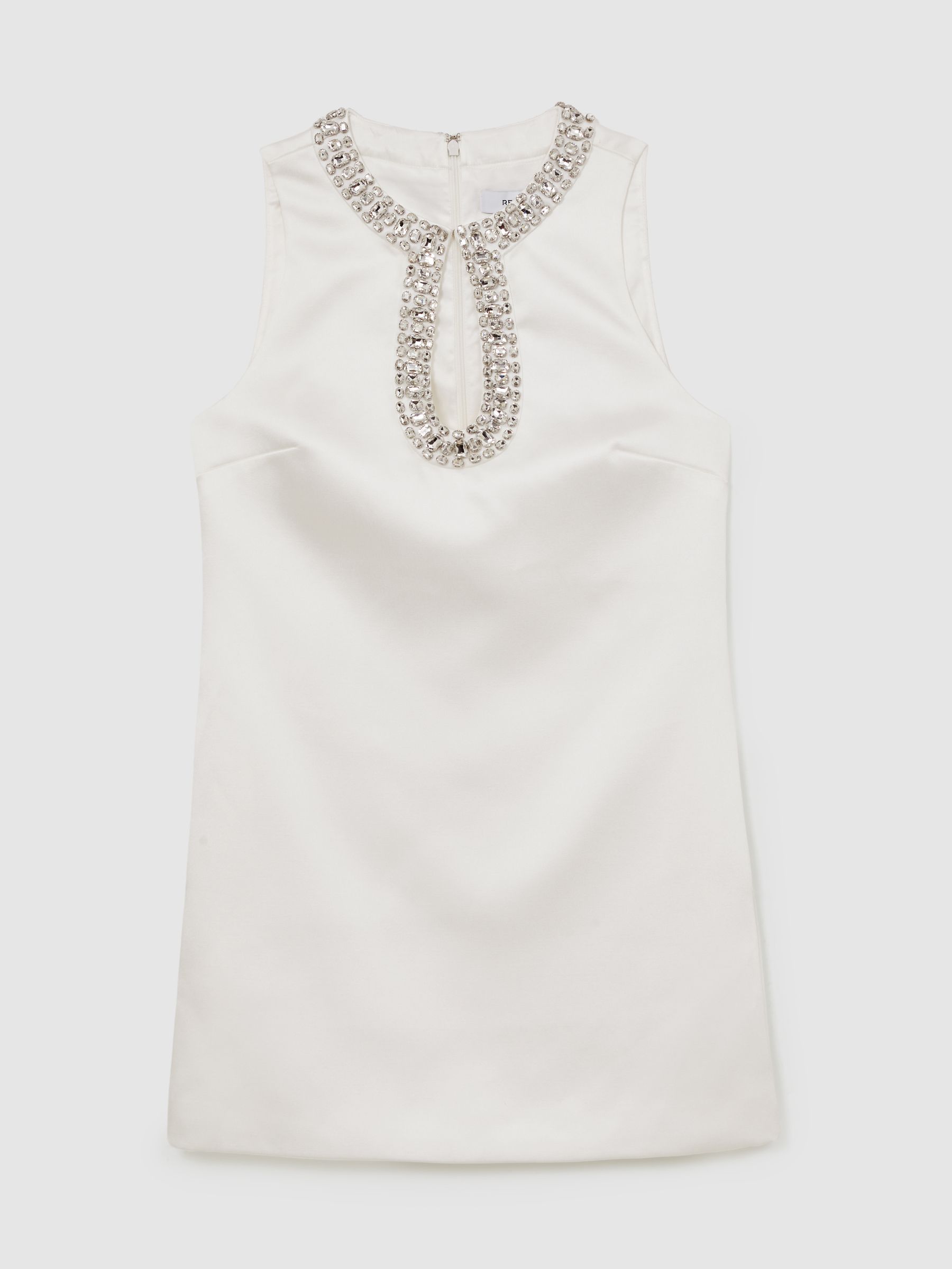 Satin Crystal-Embellished Mini Dress in Ivory