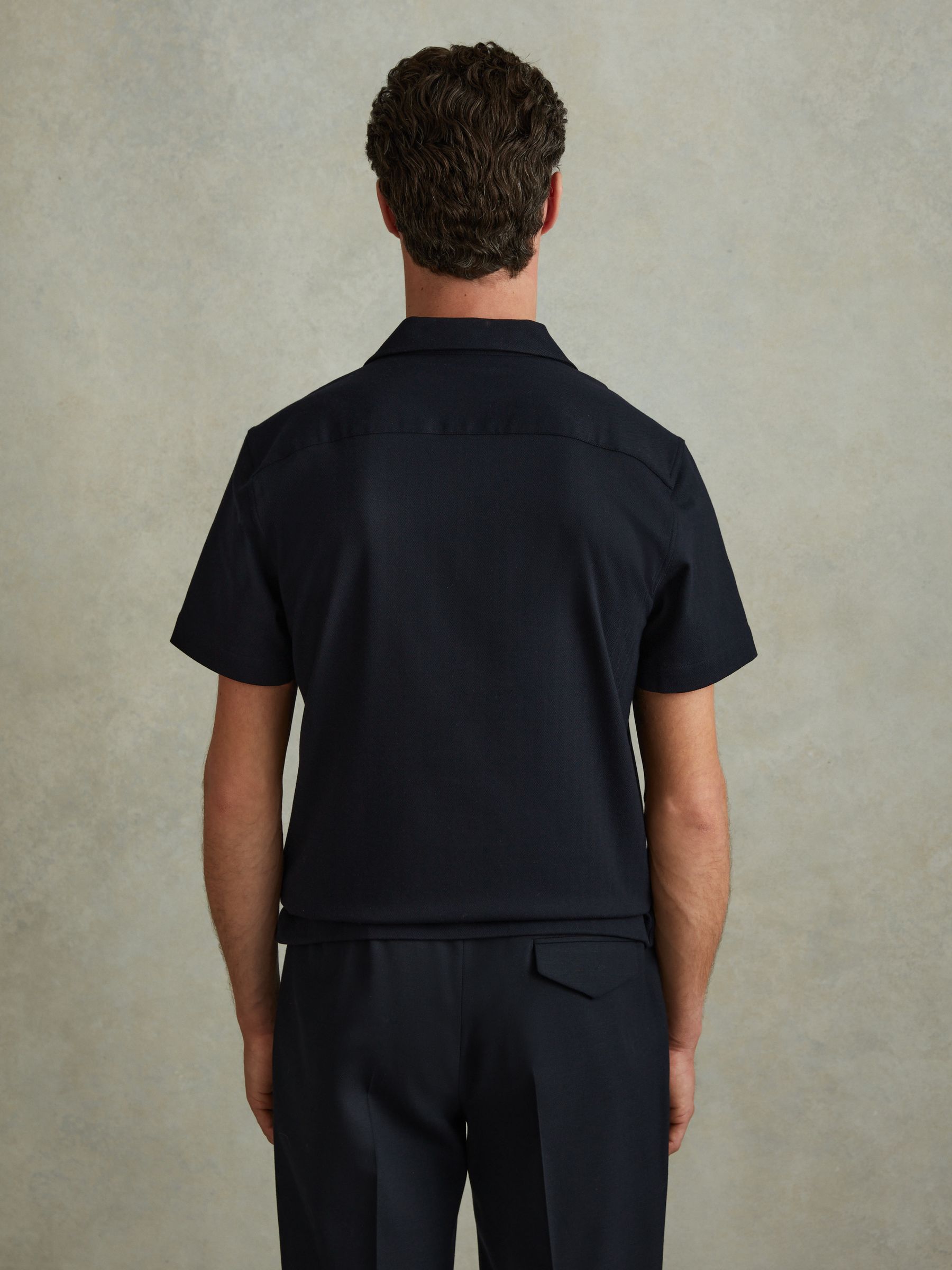 Herringbone Cuban Collar Shirt in Navy